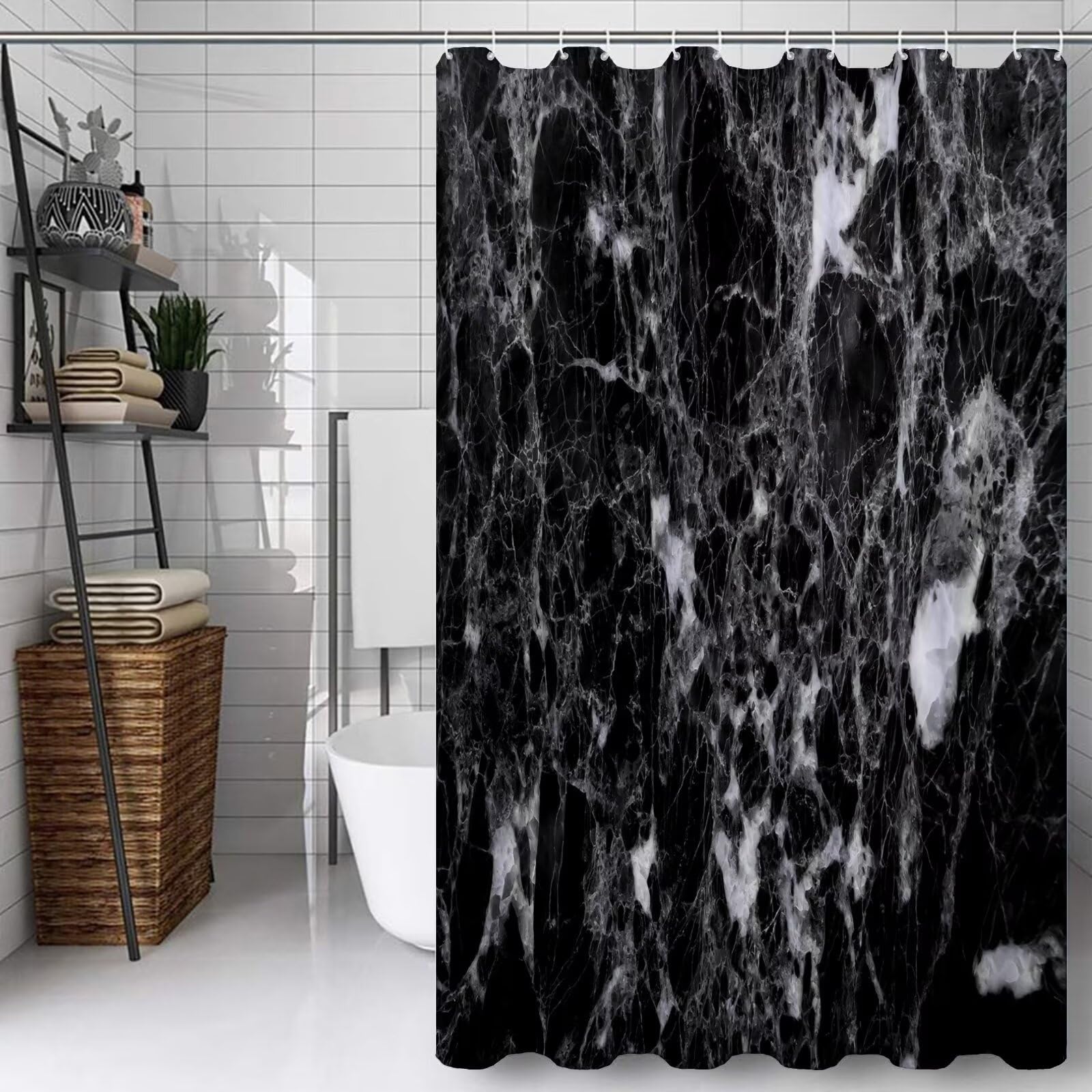Rideau Douche 180x200cm Polyester Lavable en Machine Imperméable Tissu Rideaux de Douche avec 12 Crochets en C, Ourlet Lesté, pour Salle de Bain Domicile Baignoire Cabine, Hôtel (Abstrait Noir) D#365
