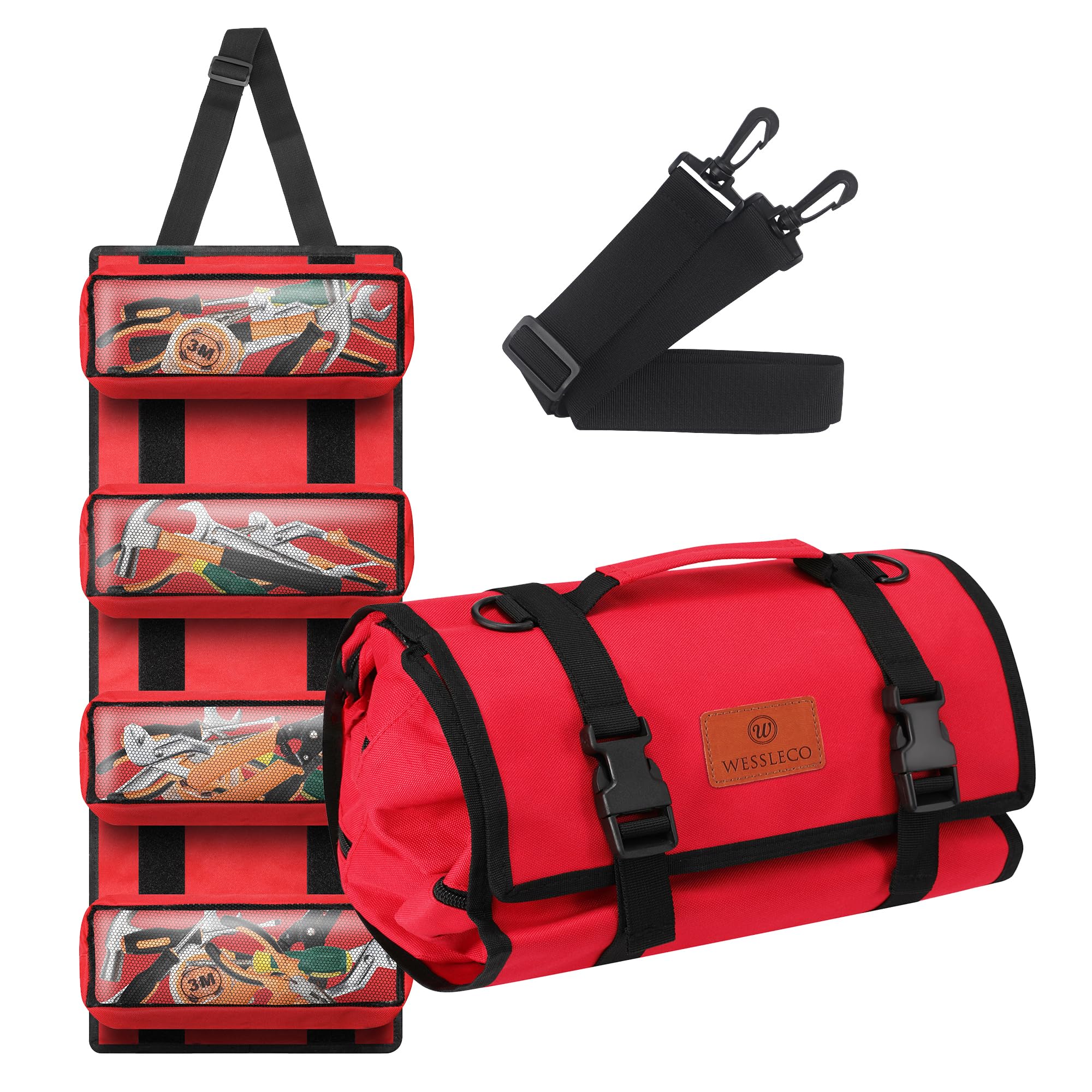 WesslecoTool Roll, Wrench Roll Up Pouch Canvas Tool Roll up Bag, Multi-Purpose Wrench Tool Organize Storage,Hvac Tool Roll Bag with 4 Pockets(Red)
