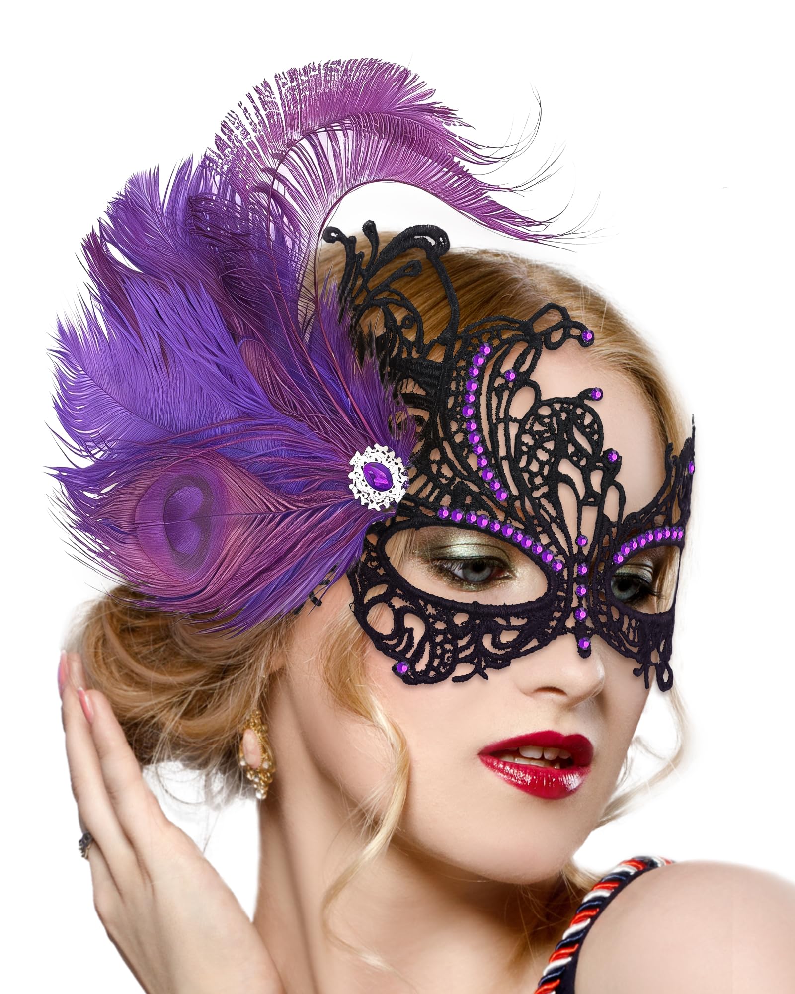 ETOFETE Feather Masquerade Mask for Women Purple Venetian Lace Eyemask โ image 1
