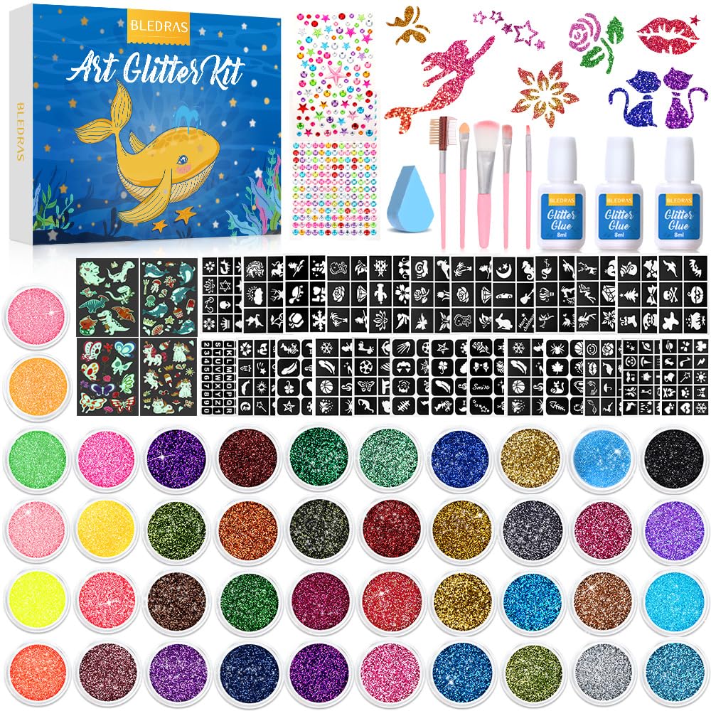 Bledras Glitzer Tattoo Set Kinder, 42 Farben Temporary Glitter Tattoos, 210 Schablonen, 370 Strasssteine, 5 Pinsel, 3 Kleber, Glitter Make Up Kit for Birthday Party Ostergeschenk