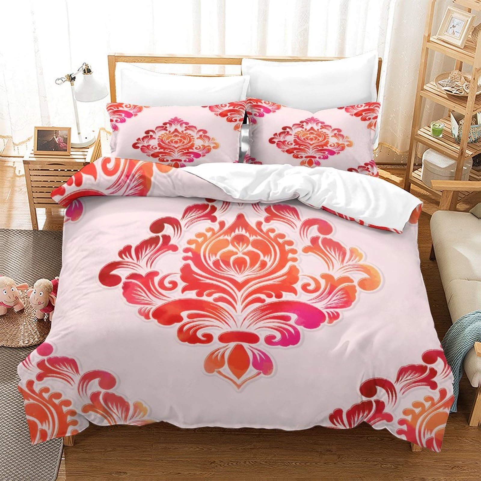 GDEKCIEAS Pink Sacred Flower Decoration 3Pcs Bedding Set for Adults,Breathable Duvet Cover And Comforter Set,Lightweight Quilt Cover for Home Super King（260x220cm）