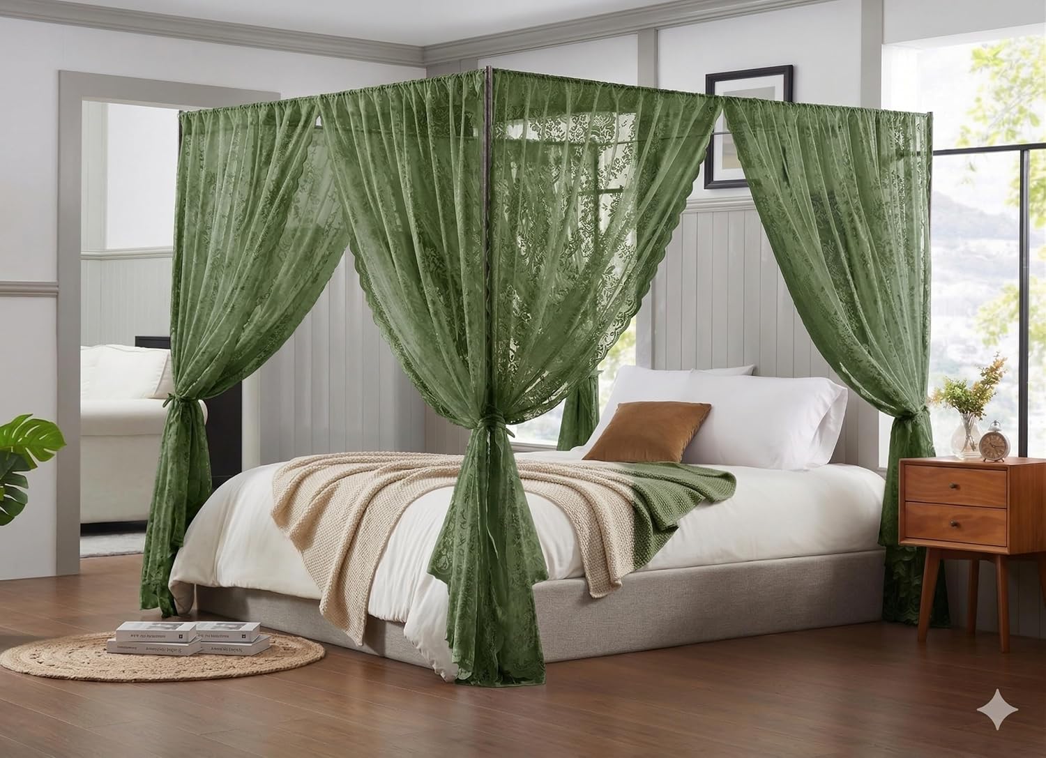 Warm Home Designs Lace Canopy Bed Curtains Set Consists of 8 48" x 78" Black Canopy Curtains with Tie-Backs. Queen Canopy Bed Curtains or King Bed Canopy Curtains for Gothic Bedroom Decor. LC Black