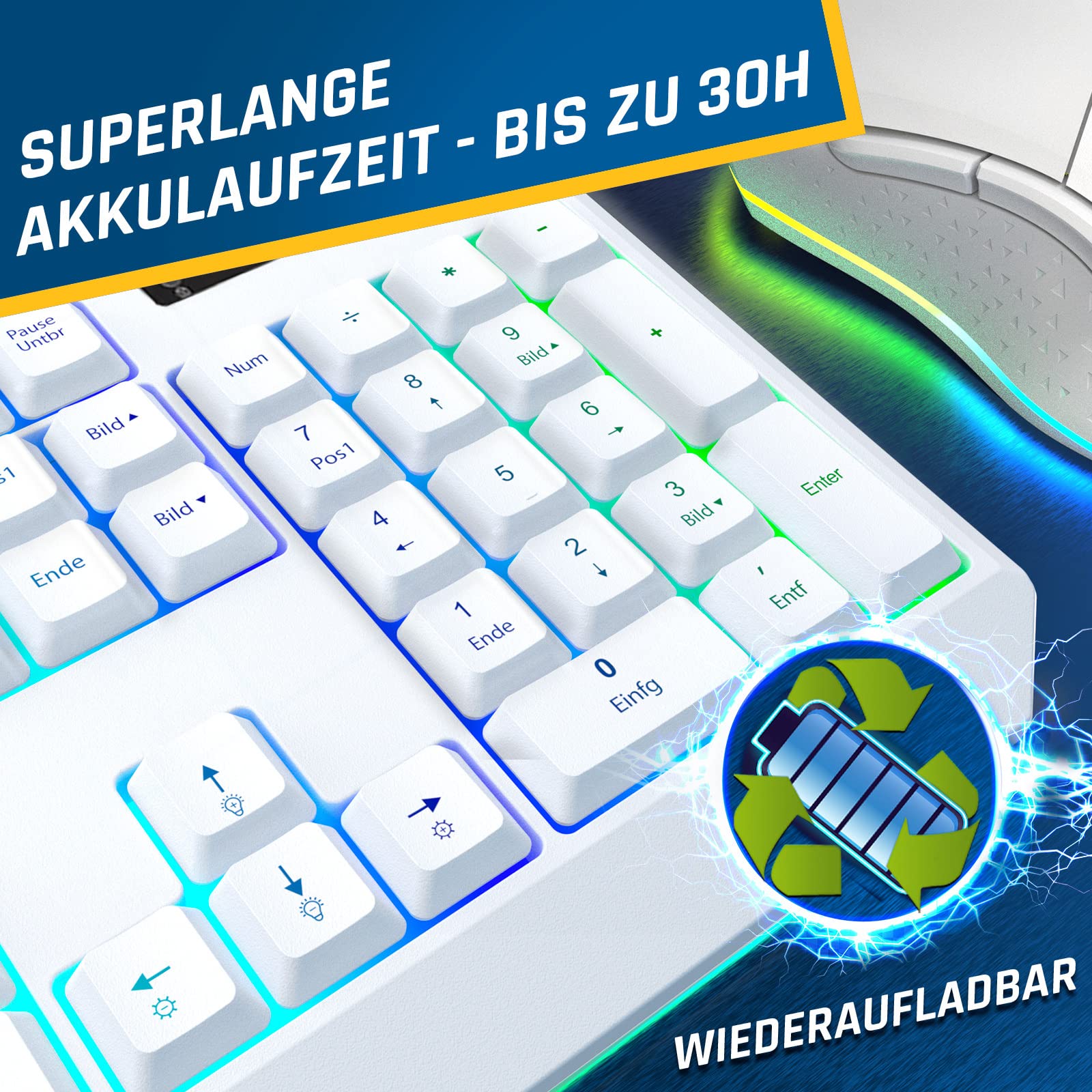 KLIM Chroma - Tastiera da gaming senza fili QWERTZ tedesco + durevole, ergonomica, impermeabile, silenziosa + tastiera RGB senza fili per PC PS4 Mac + nuova versione 2024 + bianco