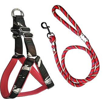 ADIOS Dog Belt Combo of 1 inch Brown Designer Padded Dog Body Cross Harness with Red Lead Adjustable Dog Chest Size 22-29 inch Dog Harness Leash