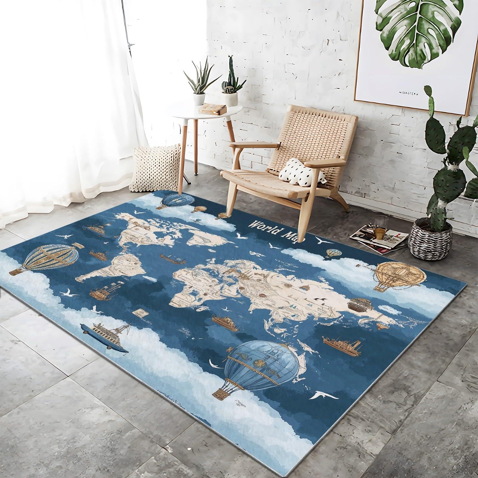 Tappeto per bambini con mappa del mondo blu, mongolfiera, tappeto per soggiorno, camera da letto, lavabile, antiscivolo, per camera dei bambini, cameretta dei bambini, tappeto da gioco, 120 x