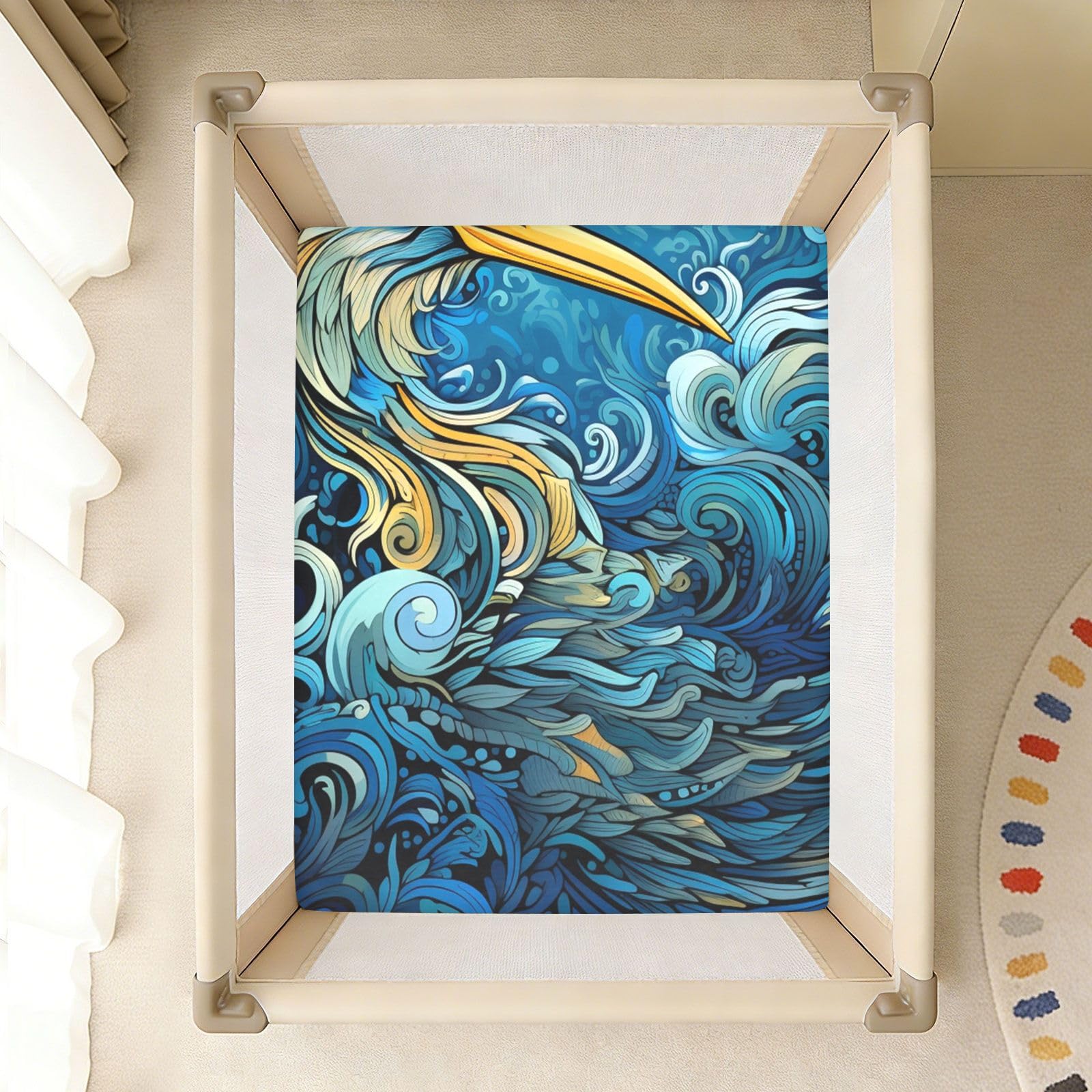 Arte Abstracto PáJaro Azul Sábana de Cuna para Niños Pequeños,Sábanas de Algodón Suave para Bebés Aptas para Colchón Corralito