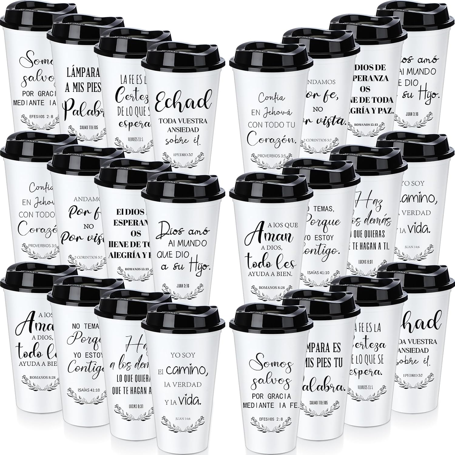 Zhehao Spanish Bible Verse Tumblers Bulk, 16 oz Reusable Plastic Coffee Cups with Lids, Christian Scripture Drinking Cups for Church Events, Teacher Appreciation, Spring Gifts(White with Black Lid,24)