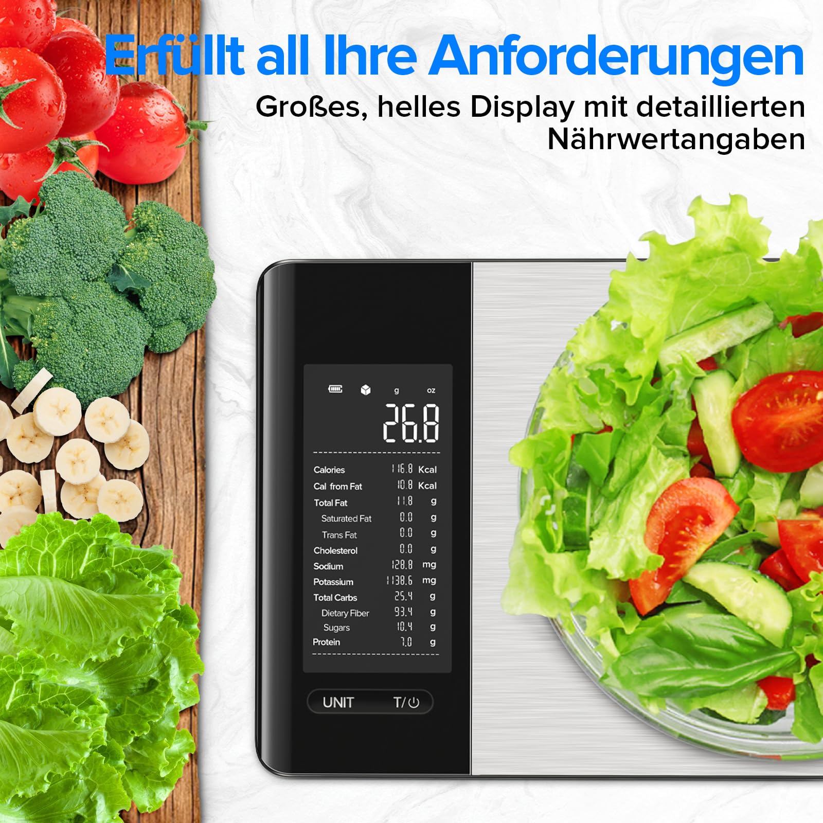 Belife Küchenwaage digital mit Nährwertberechnung, Ernährungswaage App verfolgt 19 Nährstoffe, Kaloriendatenanalyse, Edelstahl-Ernährungswaage, Lebensmittelwaage geeignet für Gewichtsverlust, 5KG-1g