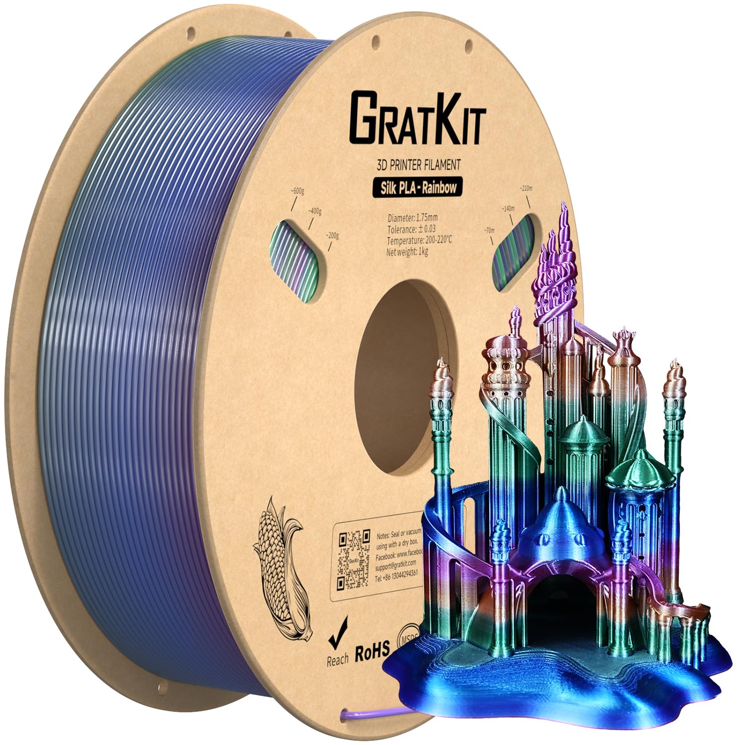 Gratkit Silk Rainbow PLA Filament 1KG, 3D Printer Filament Universe