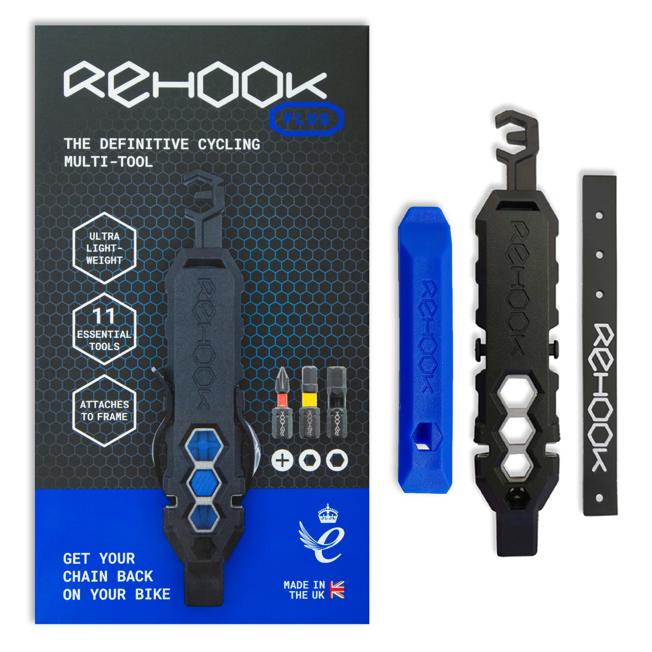 Rehook Plus - najlepsze lekkie narzędzie wielofunkcyjne dla rowerzystów. Zawiera łyżkę do opon, klucz do szprych, narzędzie łańcuchowe, klucz, sześciokątny i śrubokręt