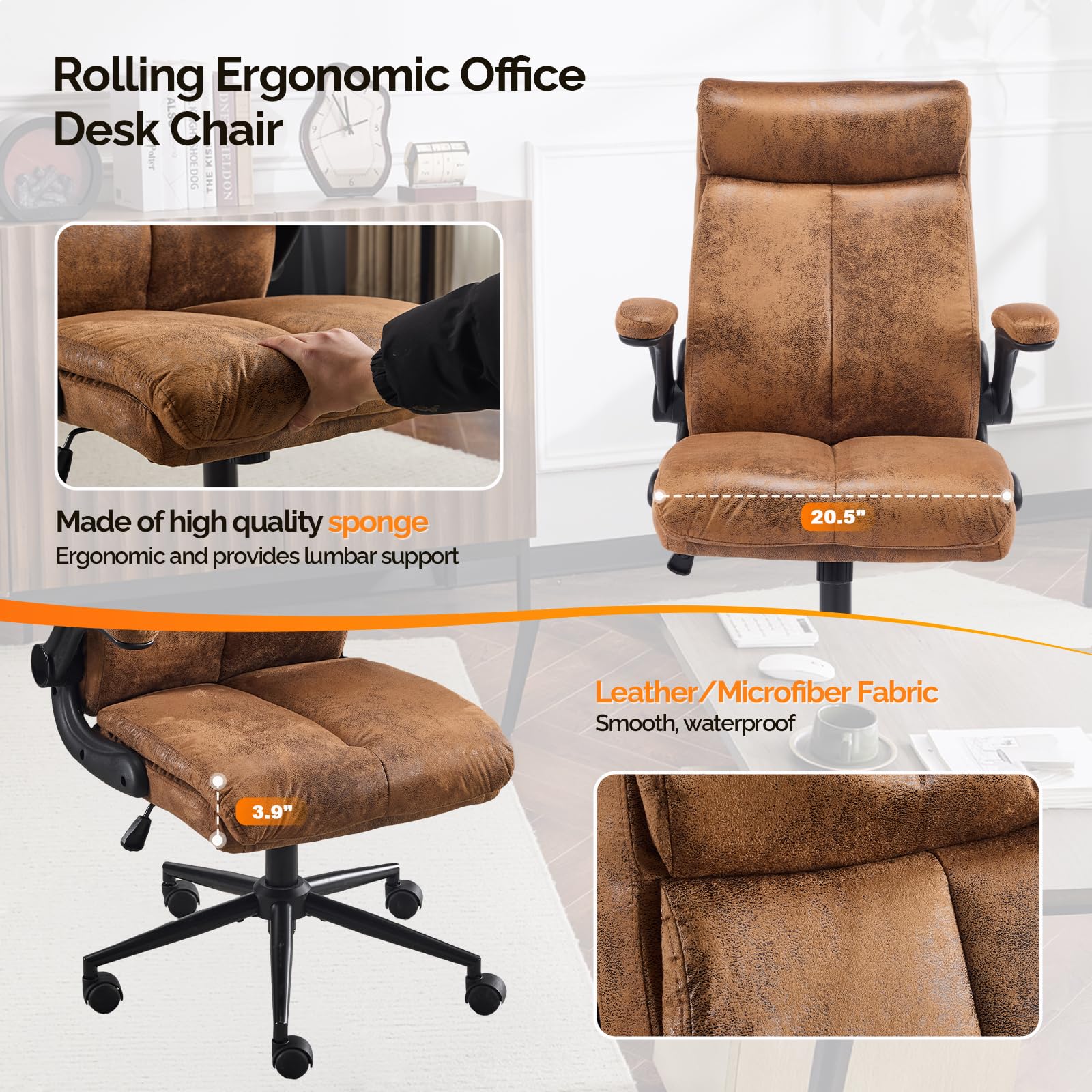 Bonnlo Ergonomischer Bürostuhl, Schreibtischstuhl mit hochklappbarer Armlehne, Computerstuhl, Drehstuhl, Wippfunktion 105°-120°, Höhenverstellbar, Drehbar, 150KG Belastbarkeit (Mikrofaser, Braun)