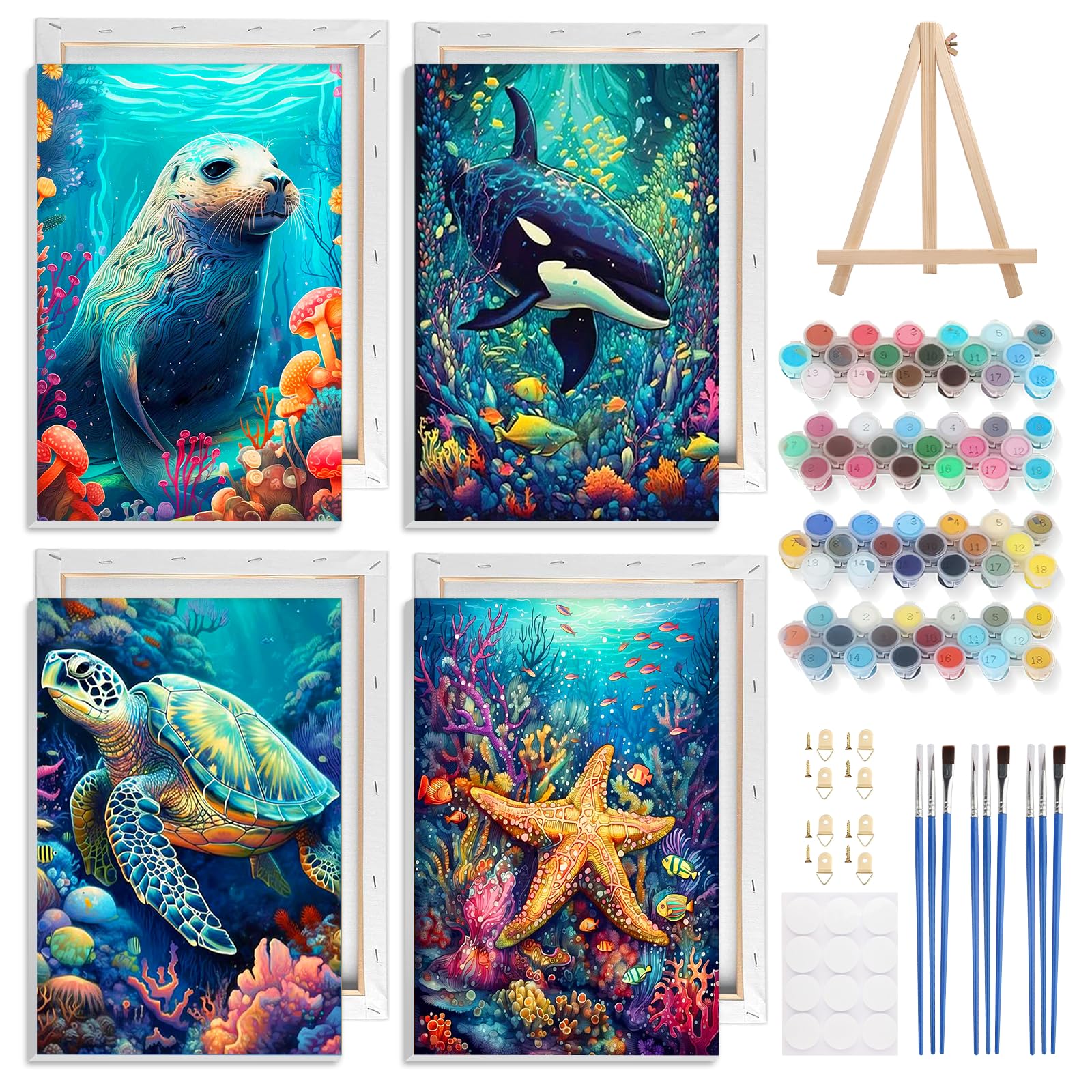 NAIMOER 4 Pezzi Animale Marino Dipingere con i Numeri Adulti Bambini con Cornice Detentore, Tartarughe Marine Squali Paint by Numbers Decorazione Regalo 20x30cm