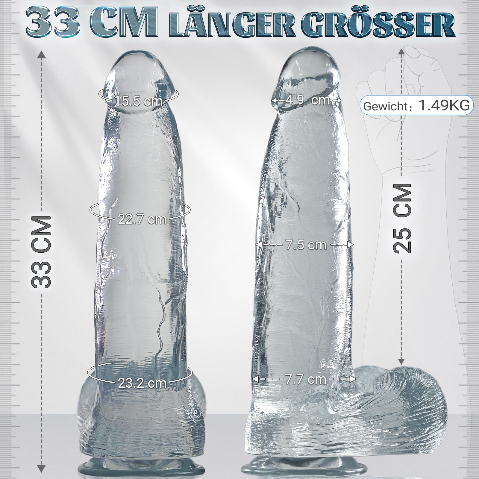 7,5 cm Durchmesser Dicker XXL Dildo, 33cm Huge Transparent Silikon Dildo  mit Starkem Saugnapf Riesiger Penis fr G-Punkt und Anal, Big Sexspielzeug  fr Erfahrener Erwachsener Mnner Frauen Paare : Amazon.de: Drogerie &