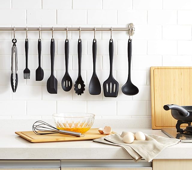 Vivo 10 Piece Kitchen Utensil Set Silicone Scraper Brush Tong Whisk Spoon Turner Soup Durable Dishwasher Safe - Easy Grip
