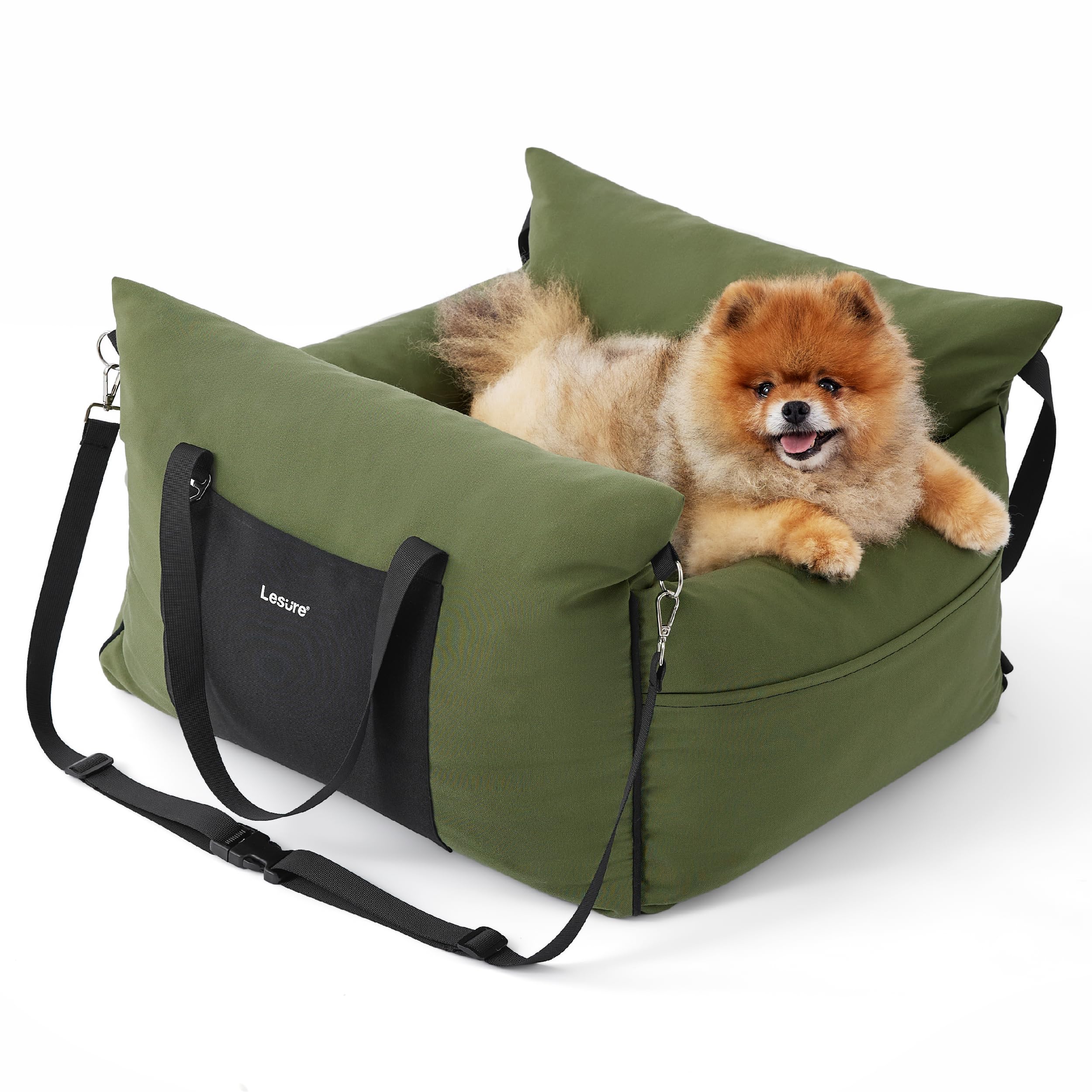 Lesure Small Dog Car Seat for Small Dogs - Waterproof Dog Booster Seat for Car with Storage Pockets and Clip-On Safety Leash and Thickened Memory Foam Filling, Pet Travel Carrier Bed Cypress Green