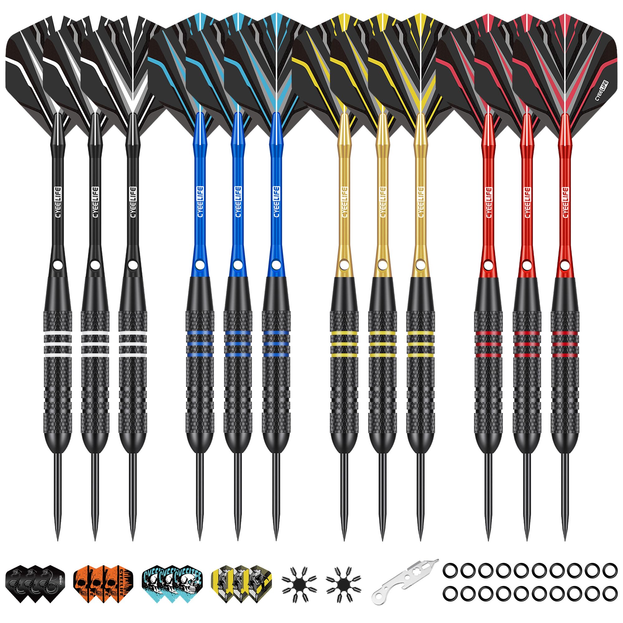 CyeeLife Fléchettes avec Pointe Métallique, 12 Professionnelles Fléchettes Pointe Acier, Set de Fléchettes avec tiges en Aluminium, Vols, aiguiseur, Outil avec Joints en Caoutchouc