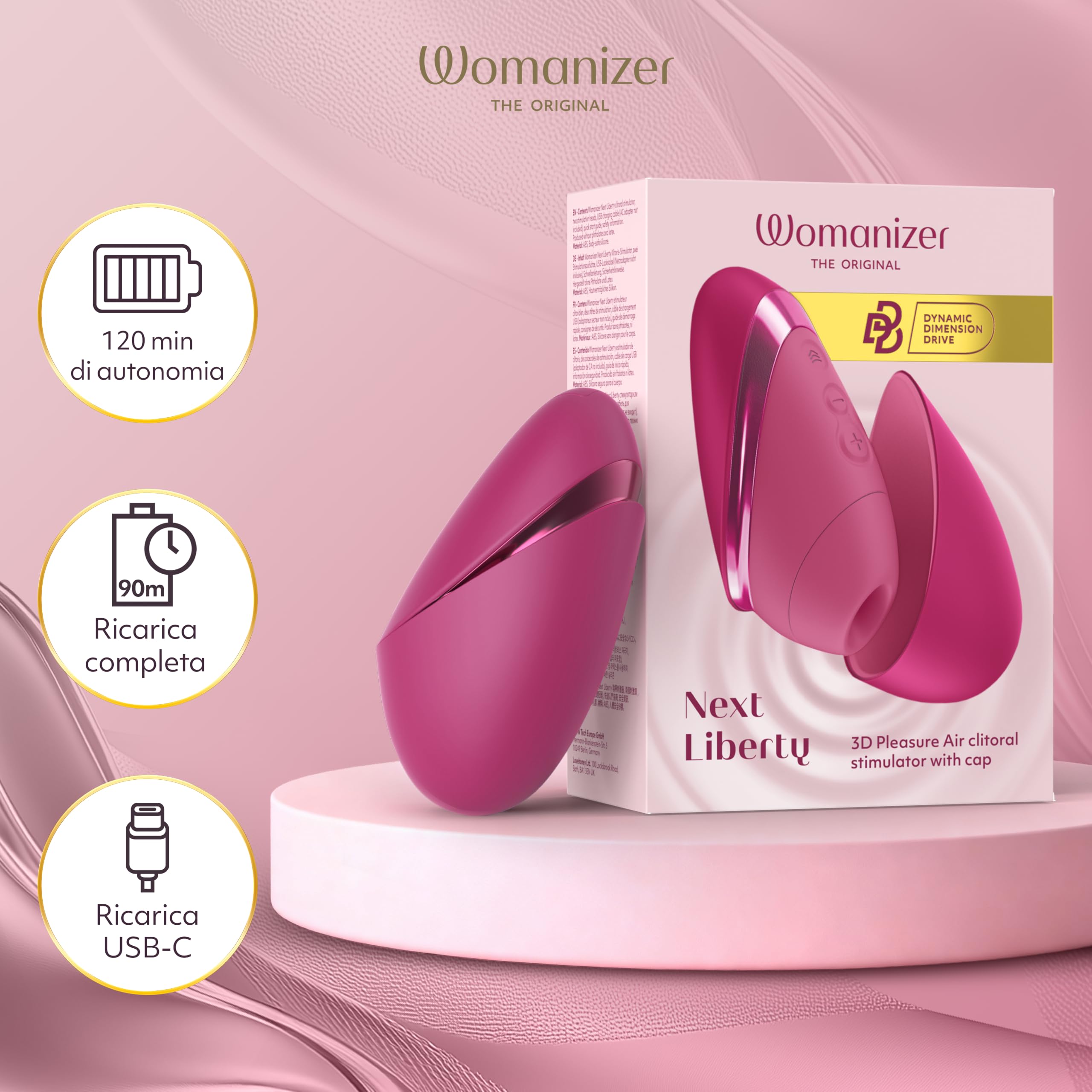 Womanizer Next Liberty stimolatore clitorideo con tecnologia 3D Pleasure Air per il suo piacere | Vibratore a aspirazione silenziosissimo ricaricabile impermeabile con custodia da viaggio | Rosa