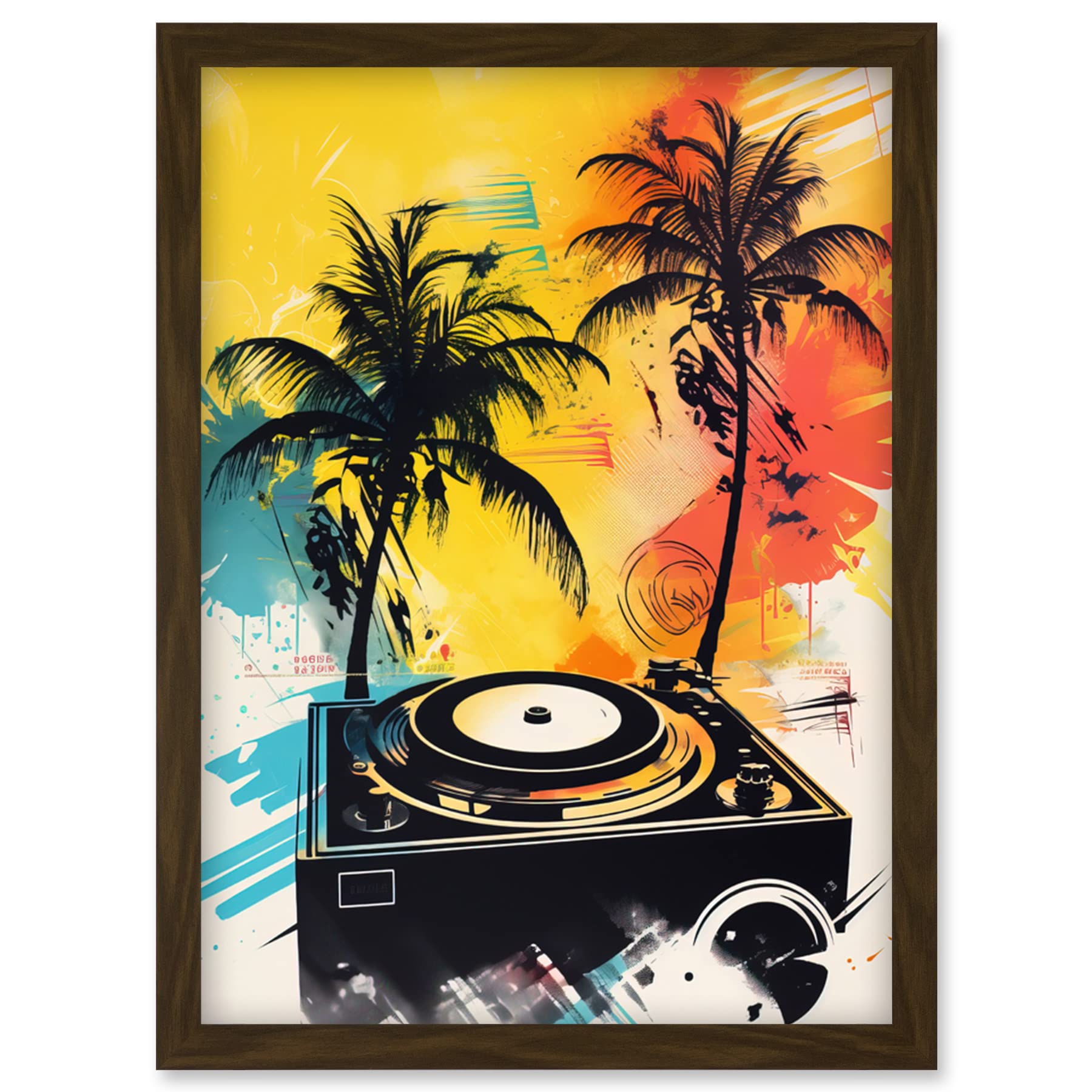Artery8 Music Under Palm Trees Tropical Beach Party Modern Watercolour Painting Artwork Framed Wall Art Print A4