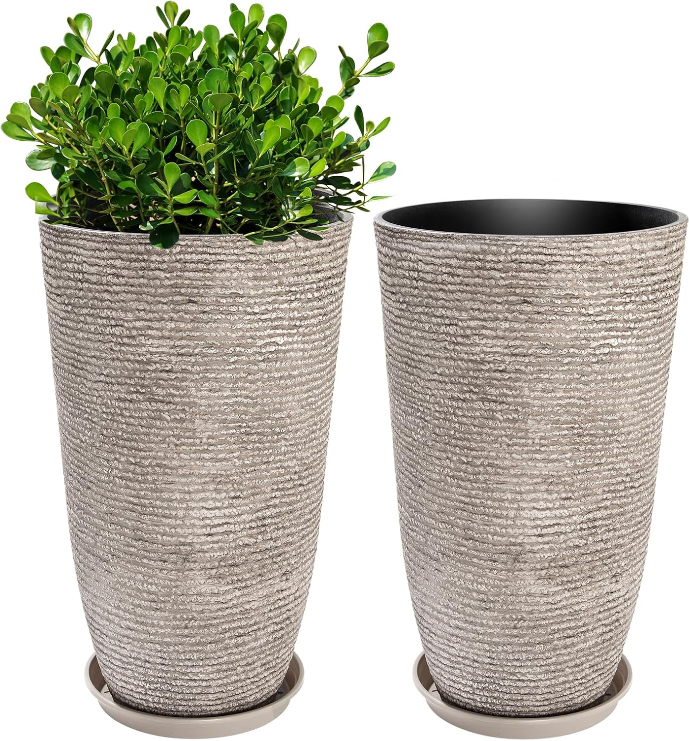 QCQHDU Set of 2 Oversized 9 Gallon Round Planters for Front Door & Patio - 12x21 Inch Tall Outdoor/Indoor Plant Pots with Drainage Tray, Gray Faux Stone Textured Tree Planters for Porch Decor Gray 21IN