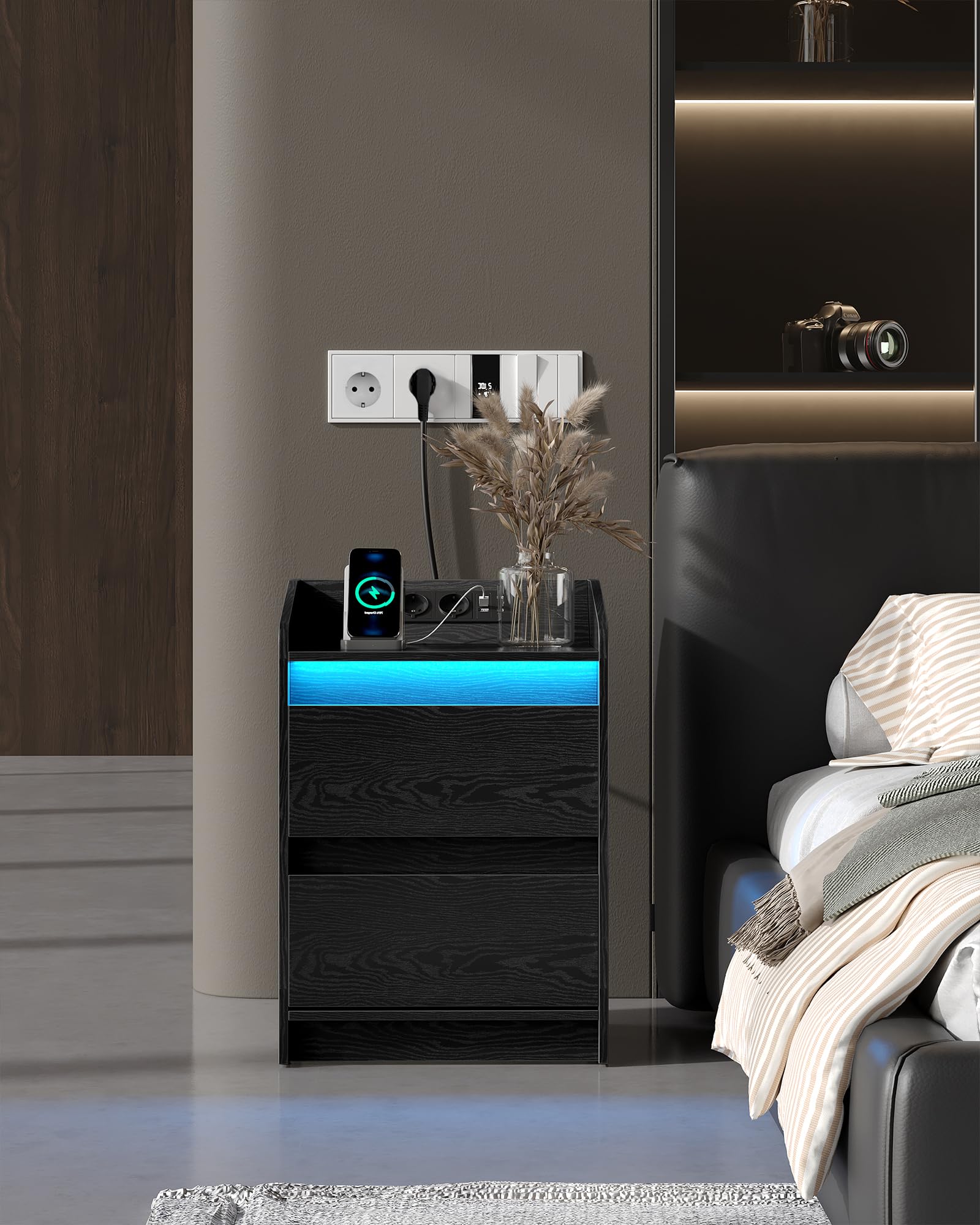 Tables De Chevet Avec Lumières Led, Station De Chargement Et 2 Tiroirs Pour La Chambre A Coucher