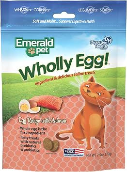 Emerald Pet Wholly Egg Cat Treats for Digestive Health Soft & Moist Salmon Cat Treats with Natural Prebiotics & Probiotics Supports Gut Health, 2.5 oz