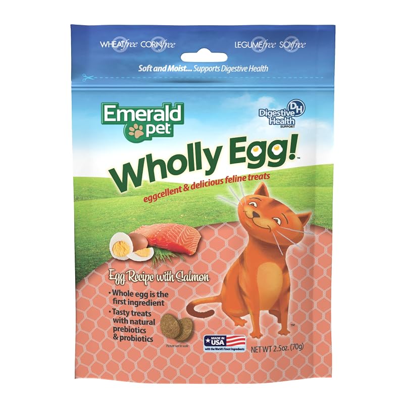 Petiscos macios para gatos Emerald Pet Wholly Egg sabor salmão com prebióticos e probióticos, aprox. 71 g