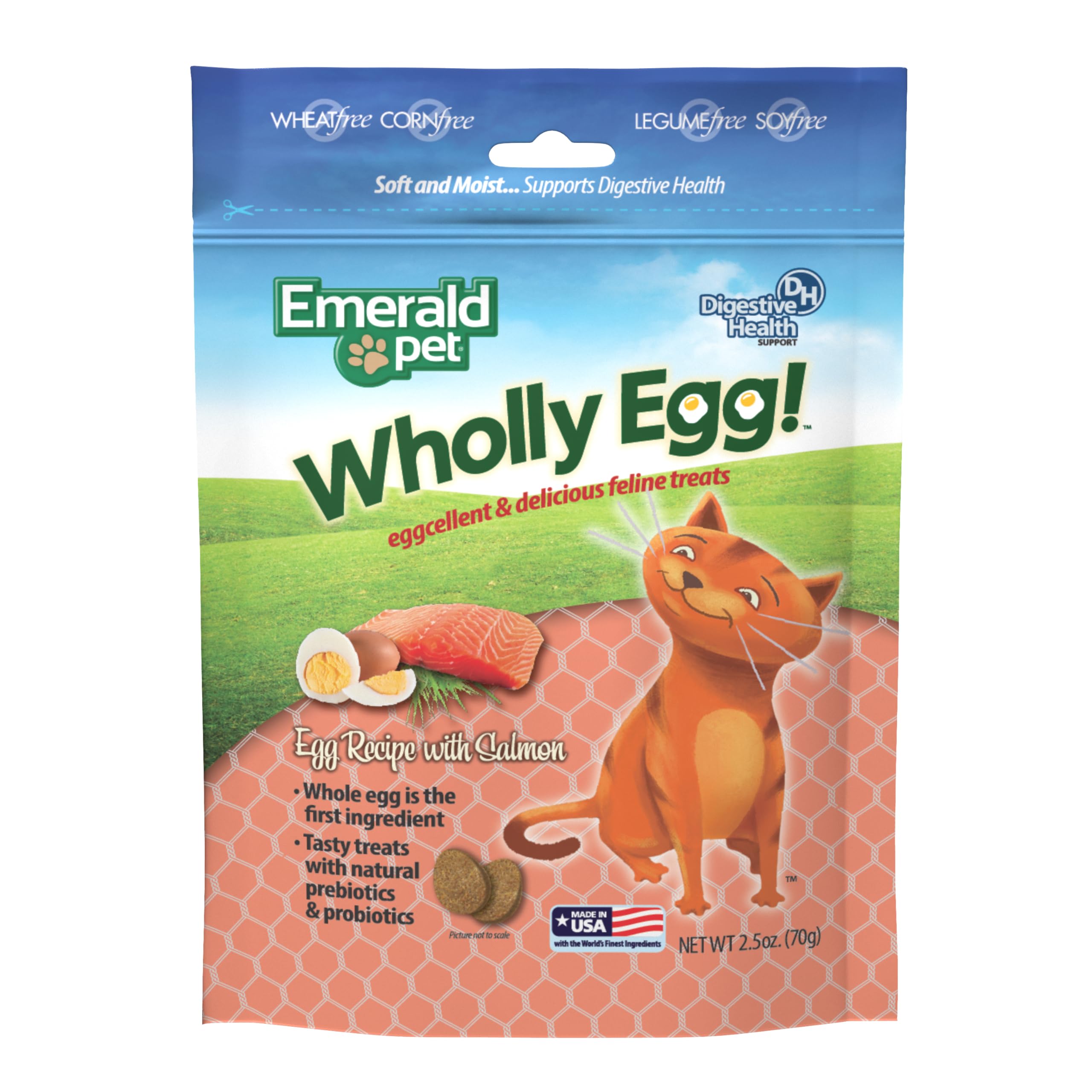Emerald Pet Wholly Egg Digestive Health Cat Treats - Soft and Moist cat Treats for Healthy Digestion - Natural Prebiotics and Probiotics for cat Digestion - Salmon Treats, 2.5 oz