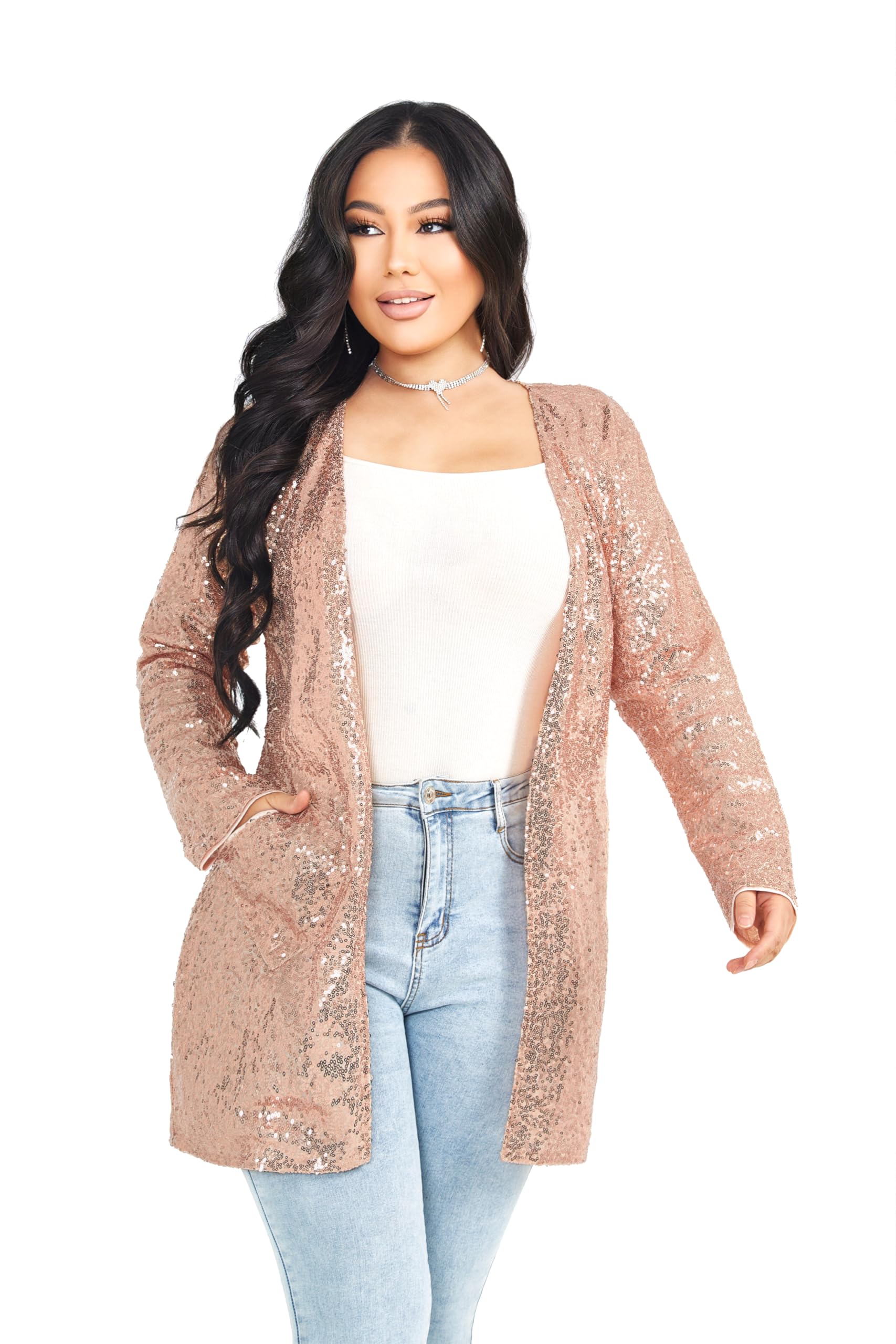 Women's Sequin Jacket Long Sleeve Open Front Blazer Glitter Sparkly Coat Party Casual Cardigan, Rose Gold, Medium