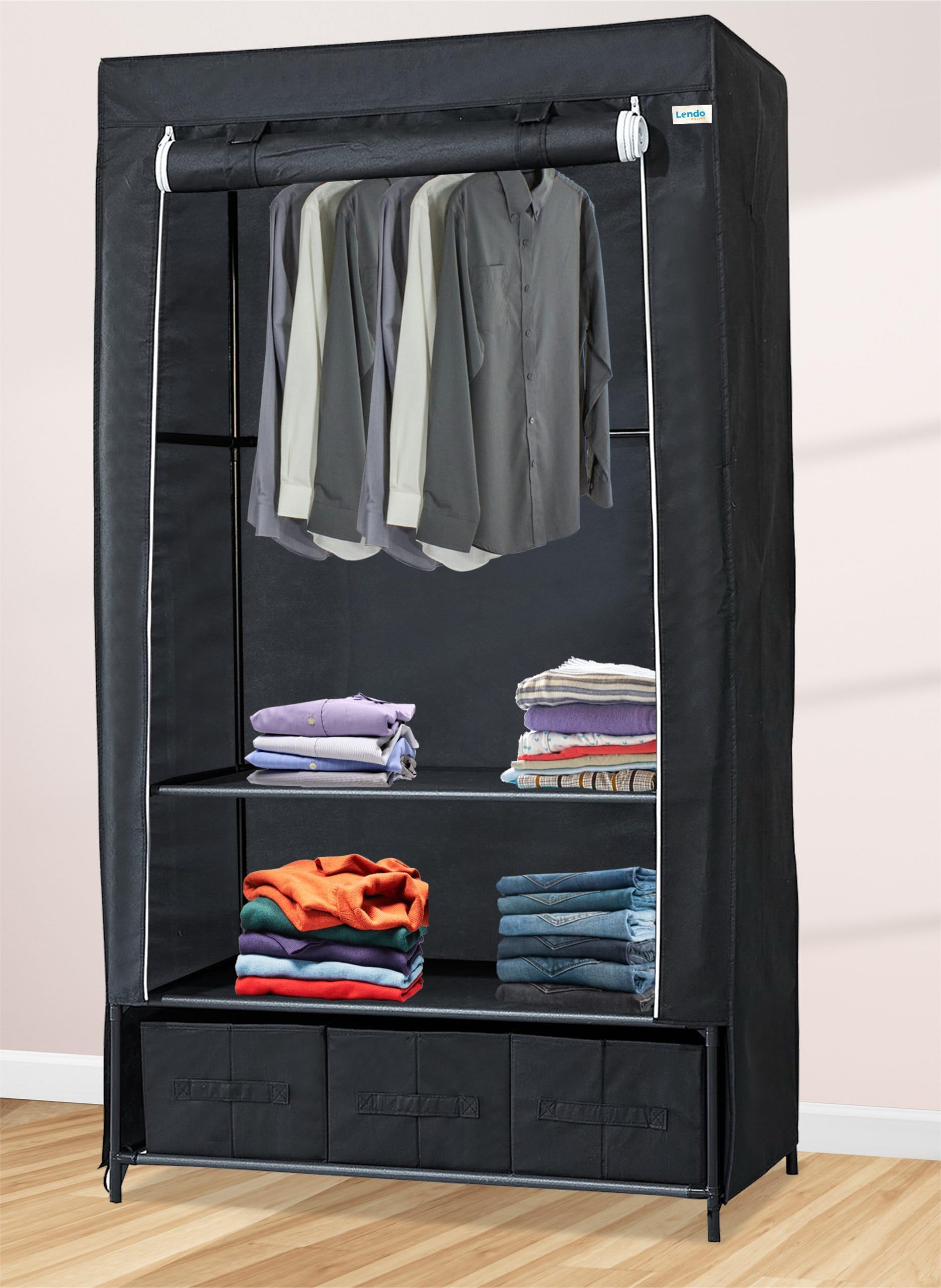 Armoire de Rangement Penderie Tissu Armoire Chambre Portable pour Chambre D'adulte - Barre de Suspension, étagère pour Sacs, Jouets, Chaussures, Salon - Noir/Gris (Noir, 90x47x163cm)