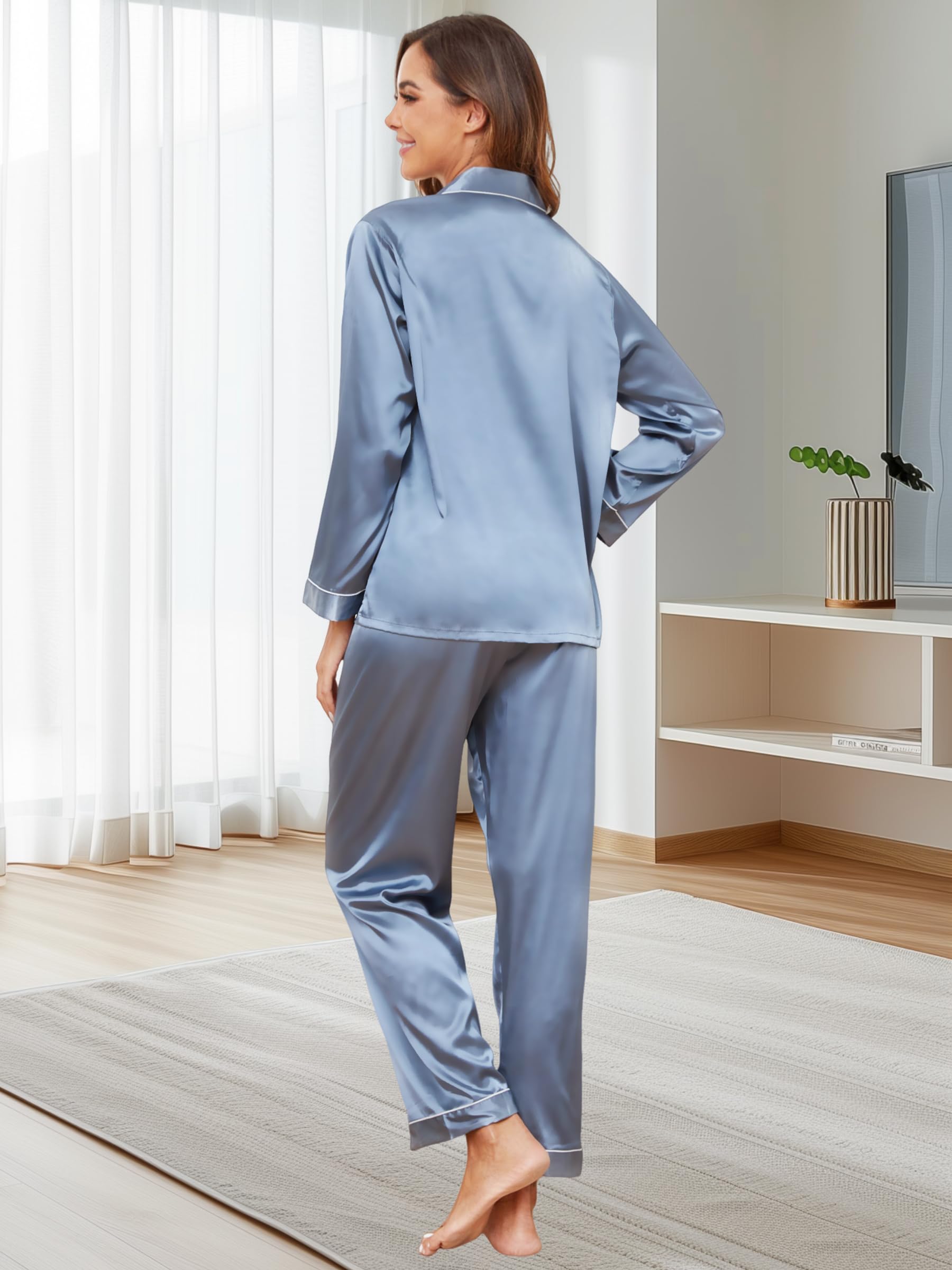 GAESHOW Pigiama Donna Estivo, Pigiama Donna Estivo in Raso con Bottoni, Pigiami Due Pezzi a Maniche Lunghe e Pantaloni Lunghi Morbido Comodo Set Pigiama S-XXL