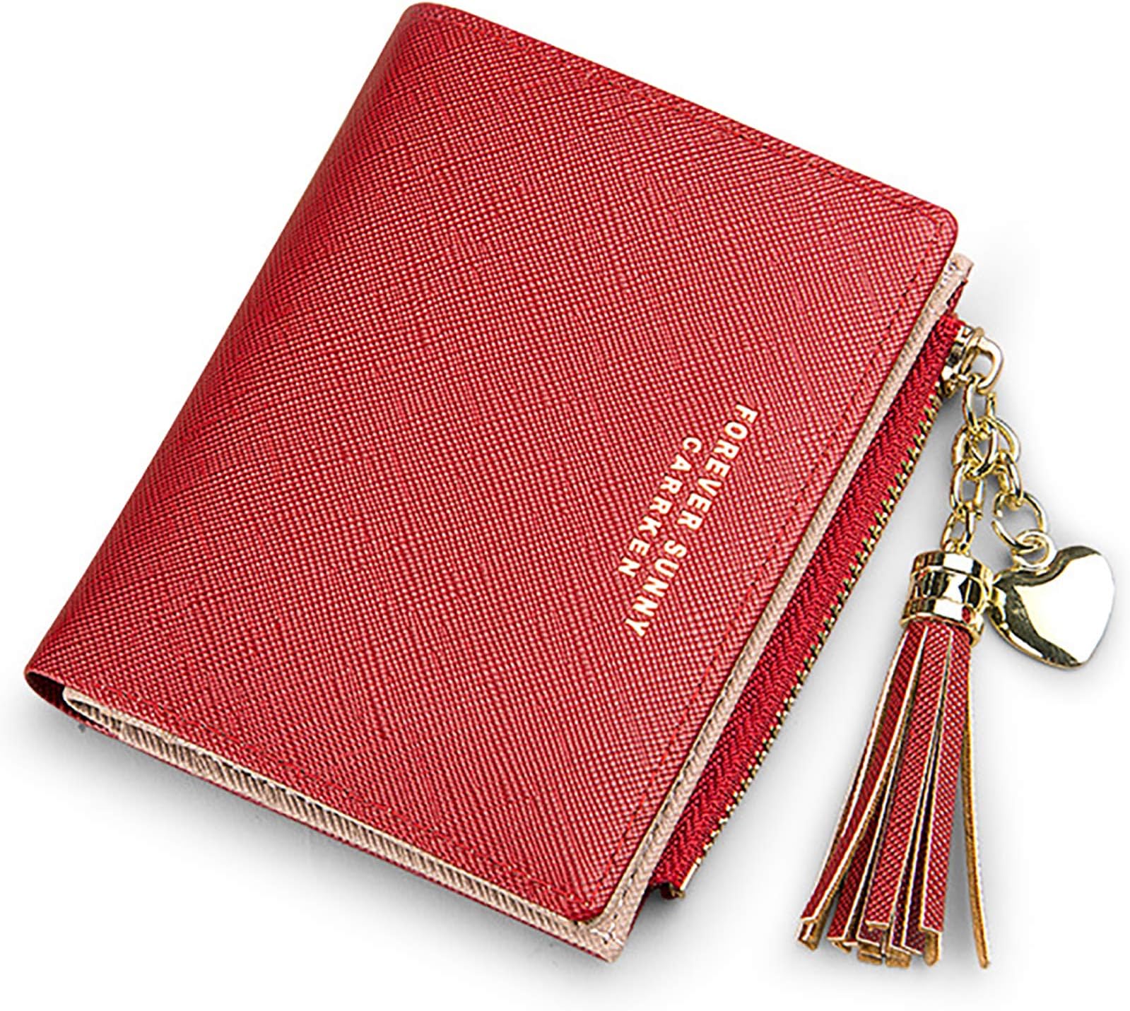 ZhengYueWomen Purse Girls Wallet, Tassels PU Leather Multi-Slots Short Money Bag Slim Card Holder Purse for Women and Ladies with Metal Tassels Pendant Gift Bifold Clutch Red