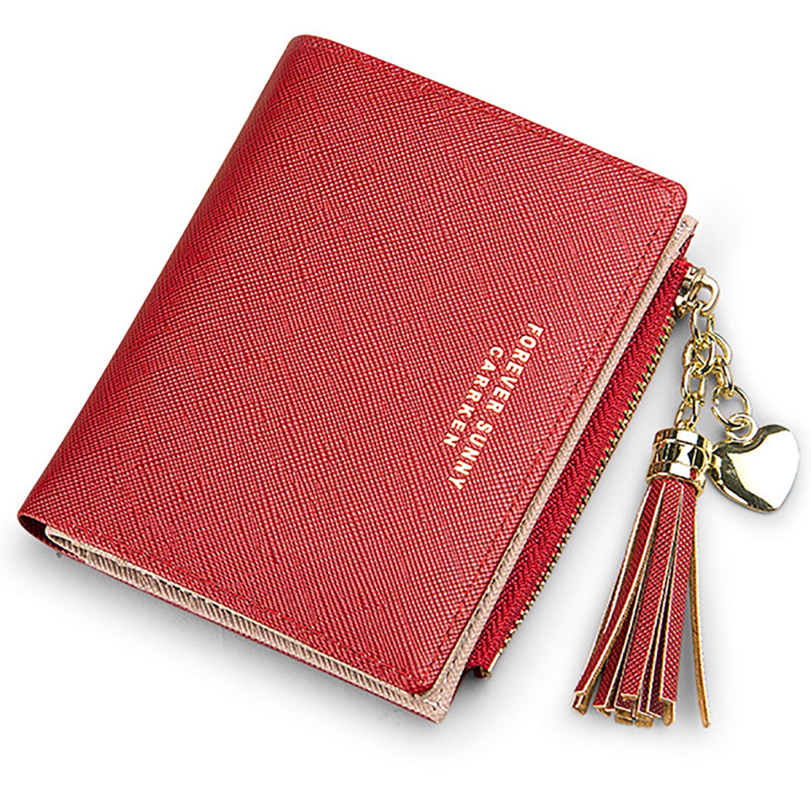 ZhengYueWomen Purse Girls Wallet, Tassels PU Leather Multi-Slots Short Money Bag Slim Card Holder Purse for Women and Ladies with Metal Tassels Pendant Gift Bifold Clutch Red