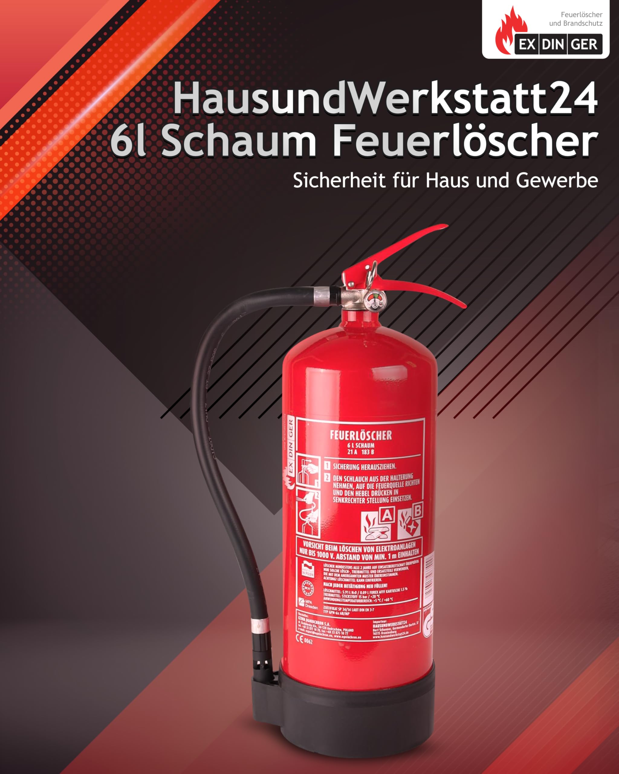 HausundWerkstatt24 6l Feuerlöscher Schaum blau 6L AB 6LE mit Halterung Dauerdrucklöscher (GPN-6X Instandhaltungsnachweis