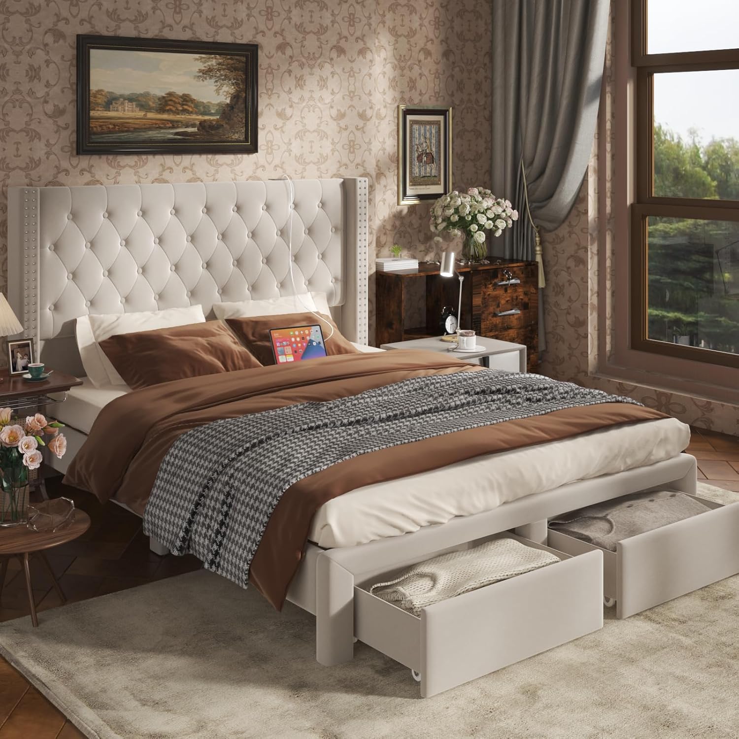 Velvet Upholstered Bed Frame Queen with Headboard and Storage, Tall Bed Frame with 2 Drawers, Tufted Wingback Bedframe Queen Size LED Light, Charging Station, No Box Spring Needed, Cream