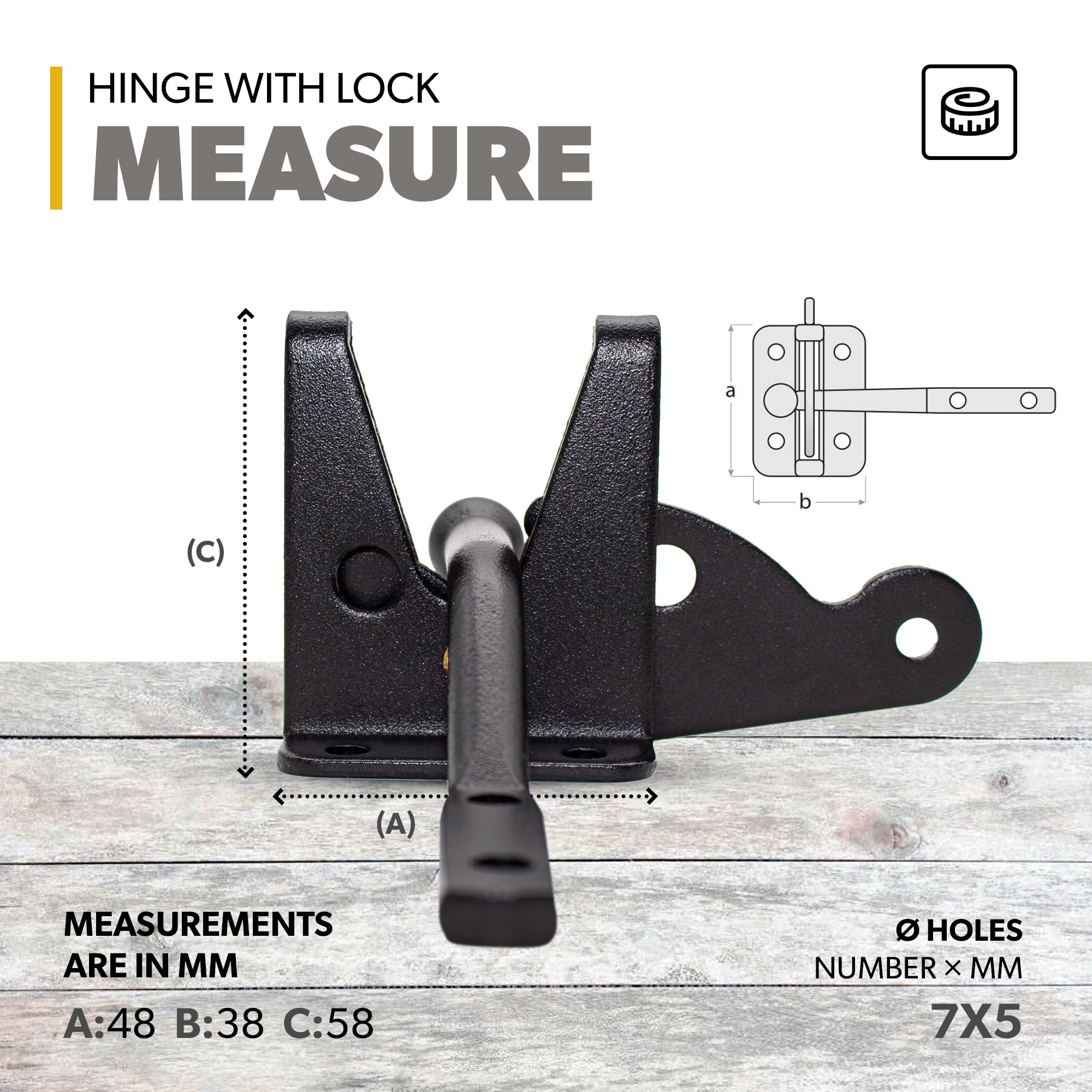 DOJA Barcelona | Kit Bisagras y Pestillo Puerta Forja | Bisagra en T 150x45x185x2,5 mm | Cerradura Puerta 48x38x58 mm | Zinc Negro | Kit Vallas para Jardin, Puertas de Madera Interior Exterior