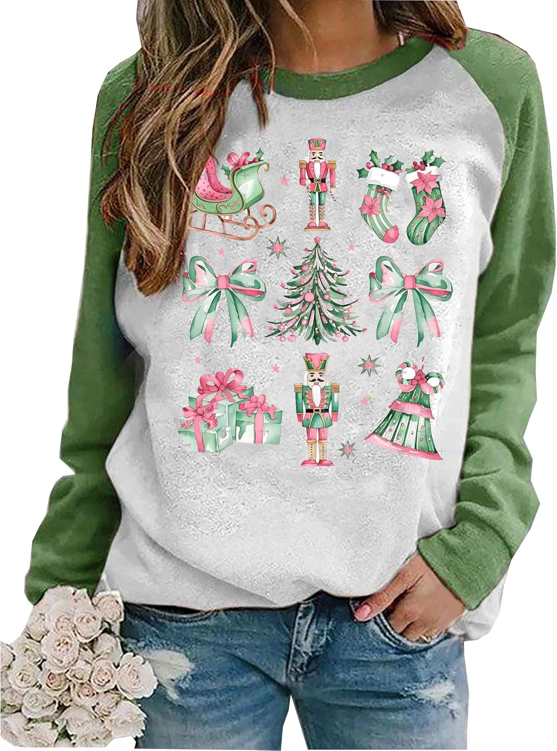 jusgai Christmas Nutcracker Bow Sweatshirt for Women Xmas Holiday Pullover Tops