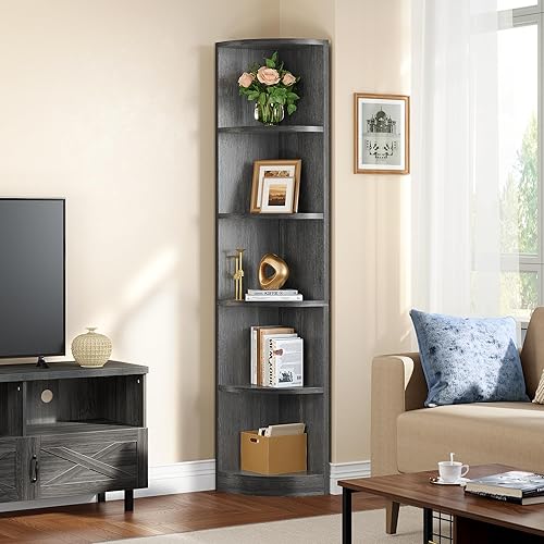 YITAHOME 70.8" Corner Shelf, 5 Tier Corner Bookshelf and Bookcase, Modern Open Free Standing Shelving Unit Wooden Display Rack Storage Shelves for Bedroom, Living Room, Home Office, Charcoal Gray