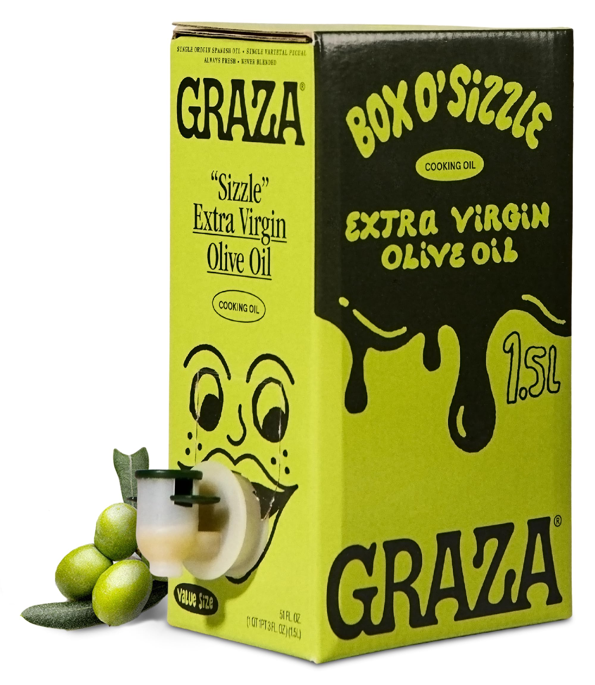 Graza Sizzle Extra Virgin Olive Oil, Cooking Oil - High Polyphenol Peak Harvest EVOO Cooking Oil in a Box - Single Origin Olive Oils from Spain - 51 Fl Oz (1.5L)
