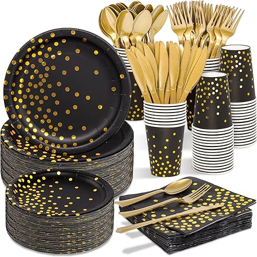 Miniatura 1 de Juego de vajilla desechable de 350 piezas platos de papel servilletas vasos tenedores cuchillos cucharas de plástico dorado para cumpleaños