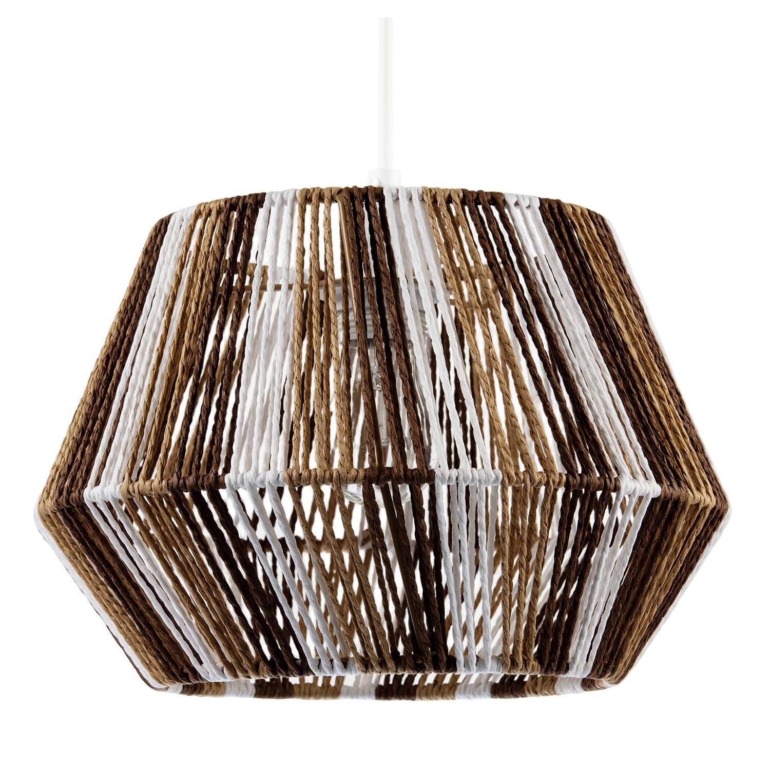 Coastal Twisted Paper Rope Pendant Light Shade in Brown Tones and White | Faceted Drum Silhouette with Angled Sides | 30cm x 20cm by Happy Homewares
