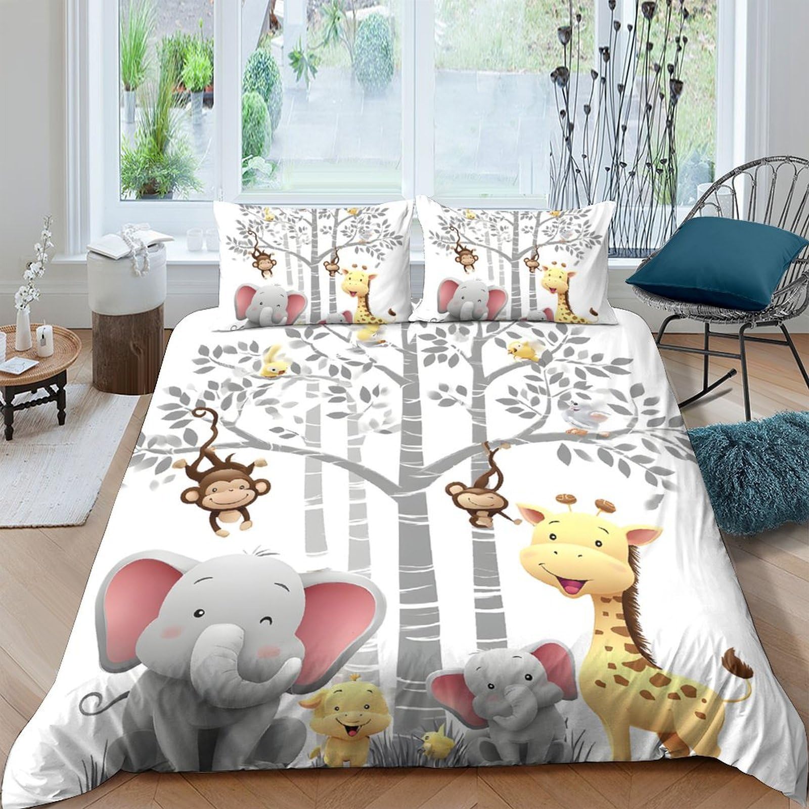 Ctjqhvkz Style-1 3D Printed Cartoon Jungle Animal Fitted Sheet Microfiber Soft Giraffe Elephant Mattress Cover For Bedroom Dorm Decor Single（135X200cm）