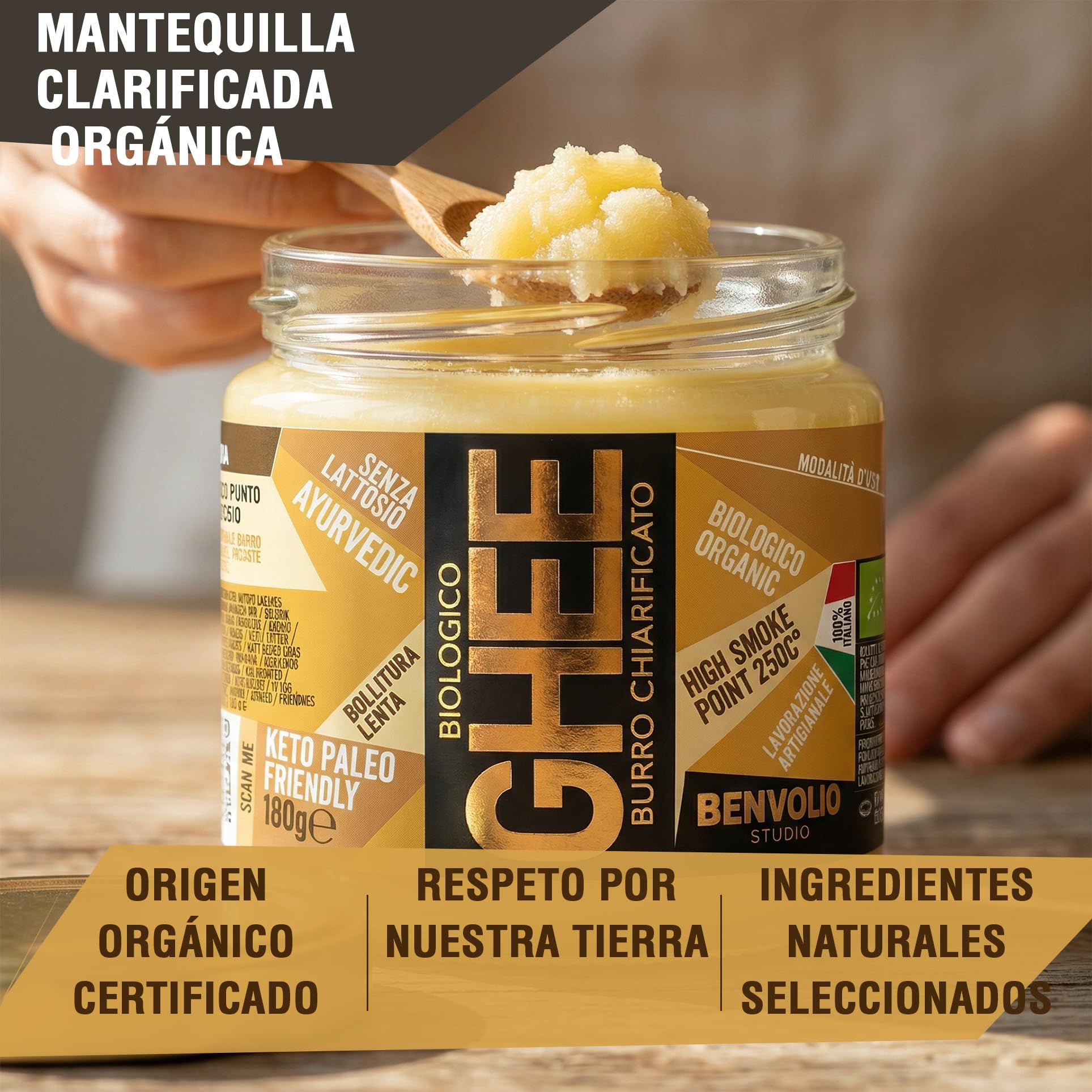 Benvolio Ghee Mantequilla Clarificada Ecológica 180g Italiana Sin Lactosa Alto Punto de Humo 250°C