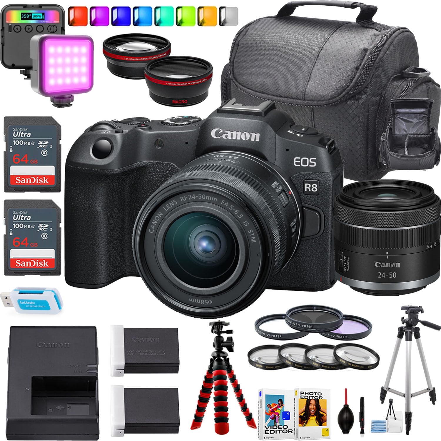 Canon EOS R8 Mirrorless Camera + Canon RF 24-50mm f/4.5-6.3 is STM Lens + 2pc Sandisk 64GB Memory Card + 15 inch Tripod + More (24 Piece Bundle) (Renewed)