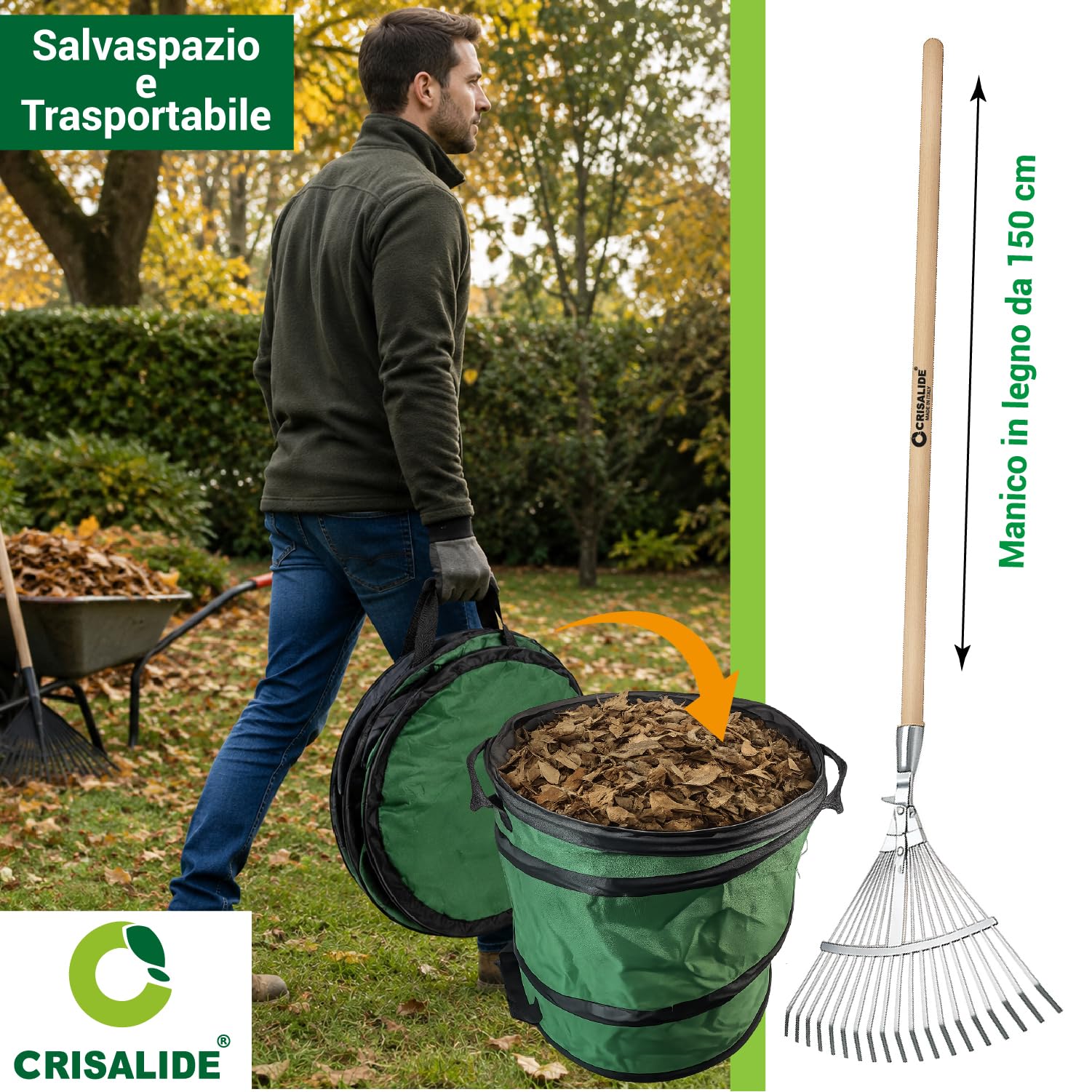 Crisalide® Kit de limpieza de jardín con saco recogedor de hojas de 80 l, rastrillo de 22 dientes ajustable con mango de 150 cm y guantes, juego para hojas, hierba, poda y residuos de exterior