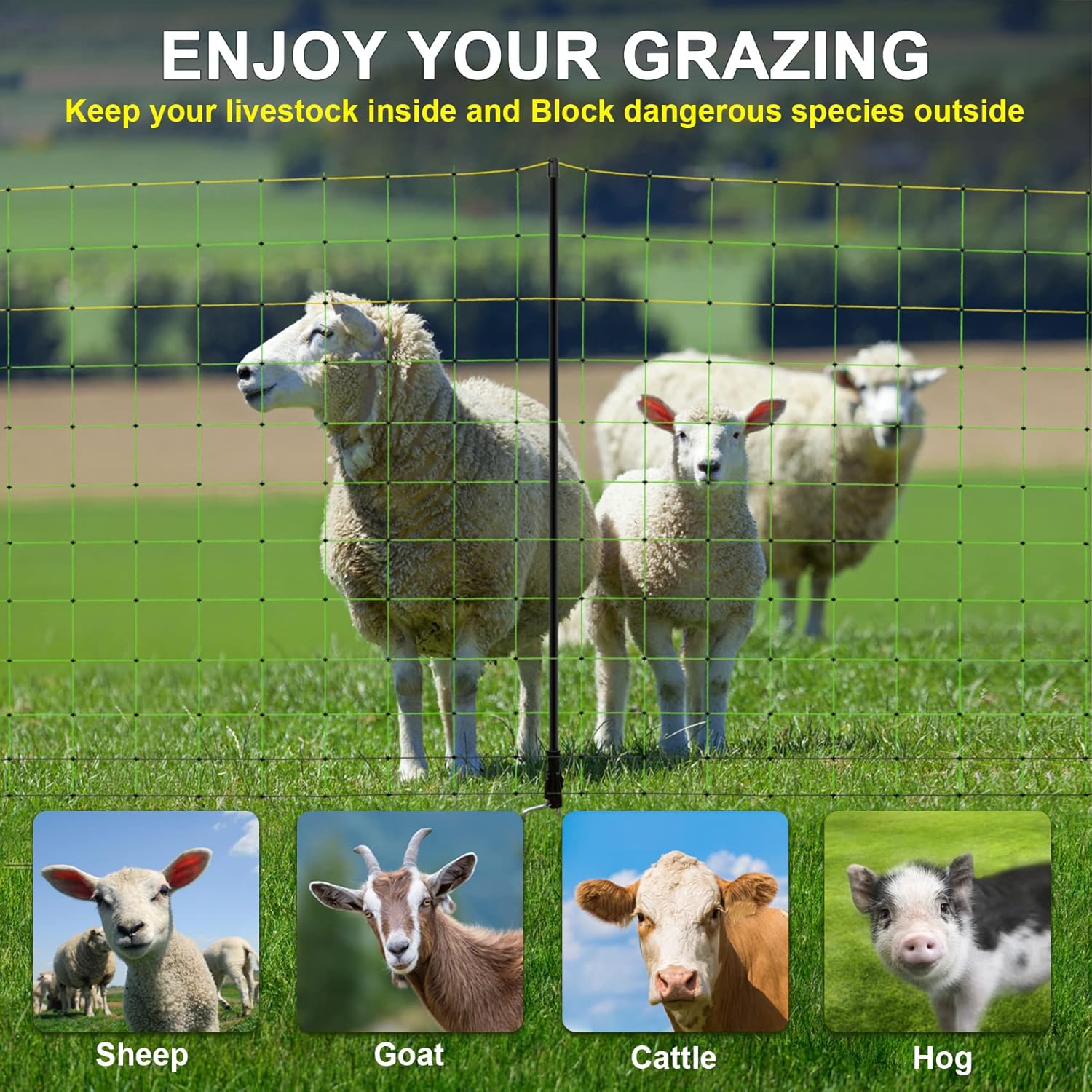 TMEE Electric Goat Sheep Fencing Livestock Netting Fence with 14 Posts, Double Spiked, Portable Mesh for Lambs, Deer, Hogs, Dogs, 35.5" H x 164' L, Green