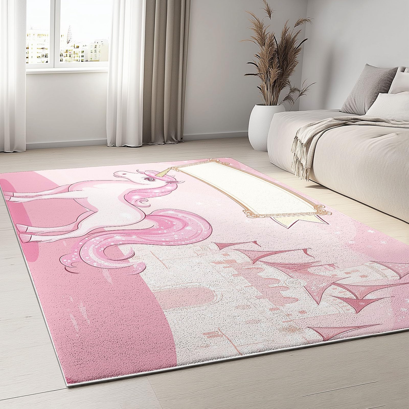 Generisch Teppich Cartoon Schloss Einhorn rutschfest Waschbar Teppich,90 x 150 cm Druck Teppich für Dekoration Schlafzimmer Kinderzimmer Wohnzimmer Kurzflor Rosa Teppich