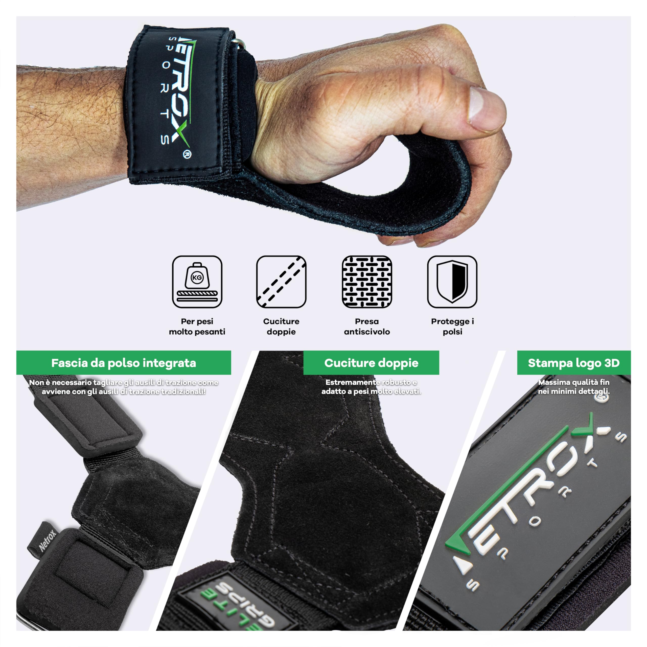 Netrox NetroxSports - Elite Grips Lifting Straps - Vera Pelle - Cinghie Palestra con Wrist wraps - Per pesi molto elevati - Sollevamento Pesi - Reverse Grip, Straps Bodybuilding, Gym Strap