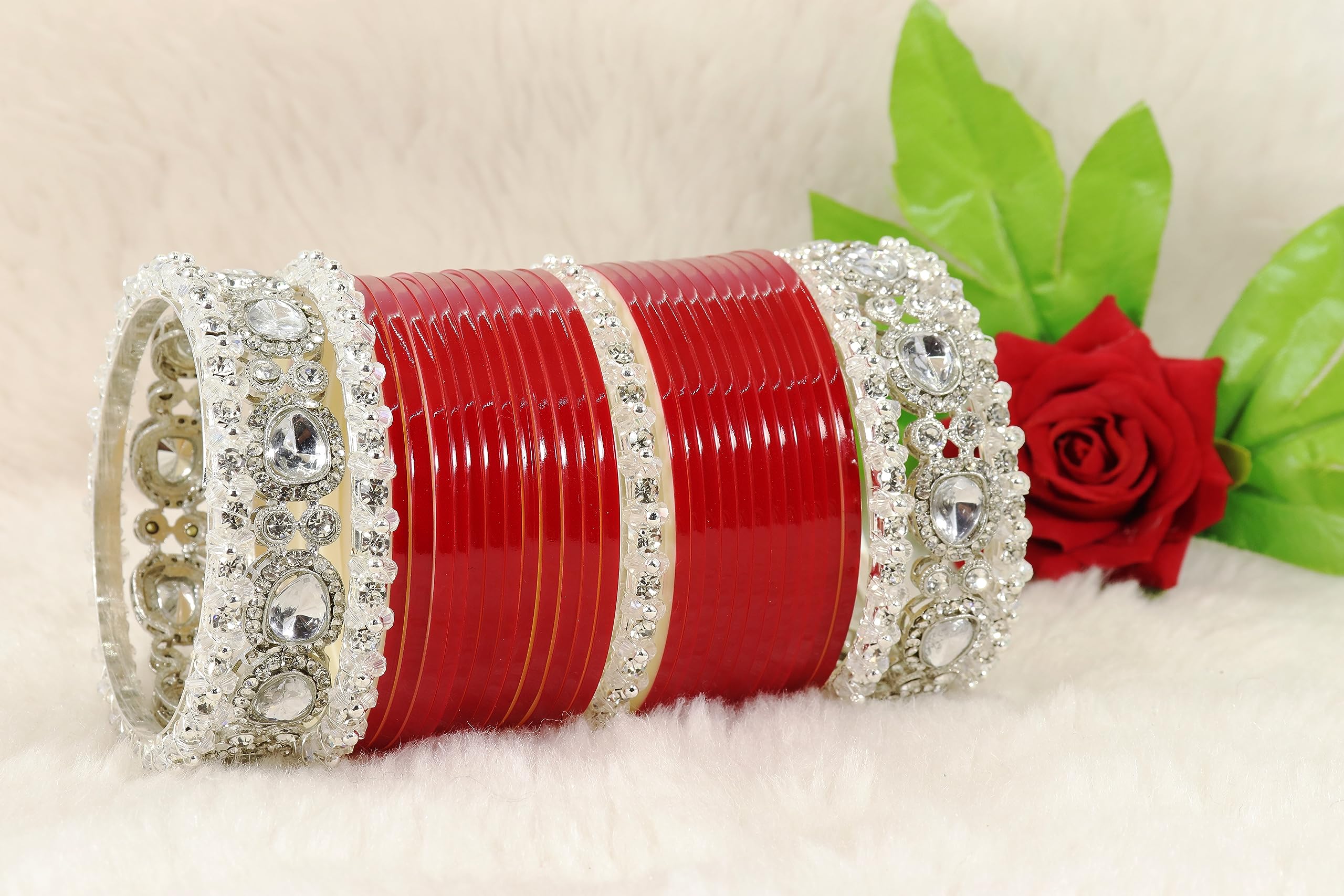 Red Acrylic Chuda Set Bridal AD Diamond Wedding Chura Punjabi Bangles