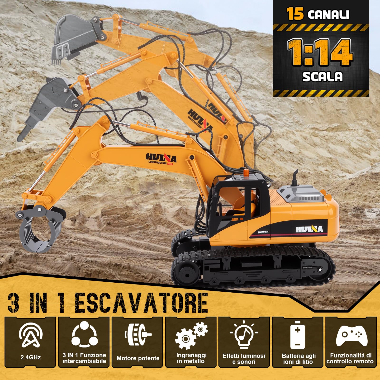 FORMIZON 2.4G Hz 15CH Escavatore Radiocomandato Benna, Martello Idraulico, Presa per Legno 3-in-1 Metallo Accessori Ruspa Escavatore Giocattolo Regalo Bambino 8 9 10 11 12 Anni Maschio