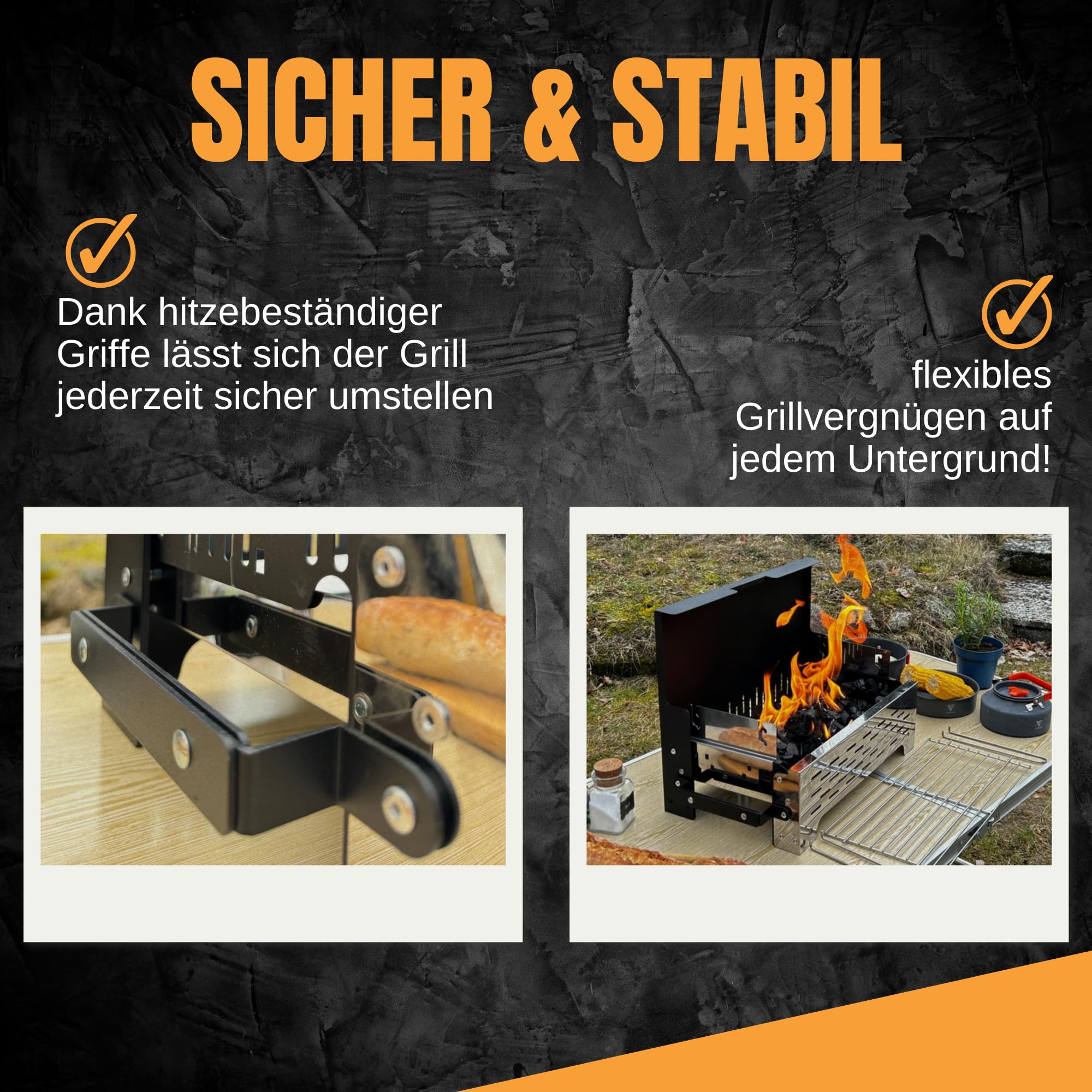 SCHNEIDERFREUDE Klappgrill 2.0: Höhenverstellbarer Camping-Grill mit Doppelfunktions-Zangen & Tasche – DEKRA-geprüfter Holzkohlegrill für Outdoor & BBQ